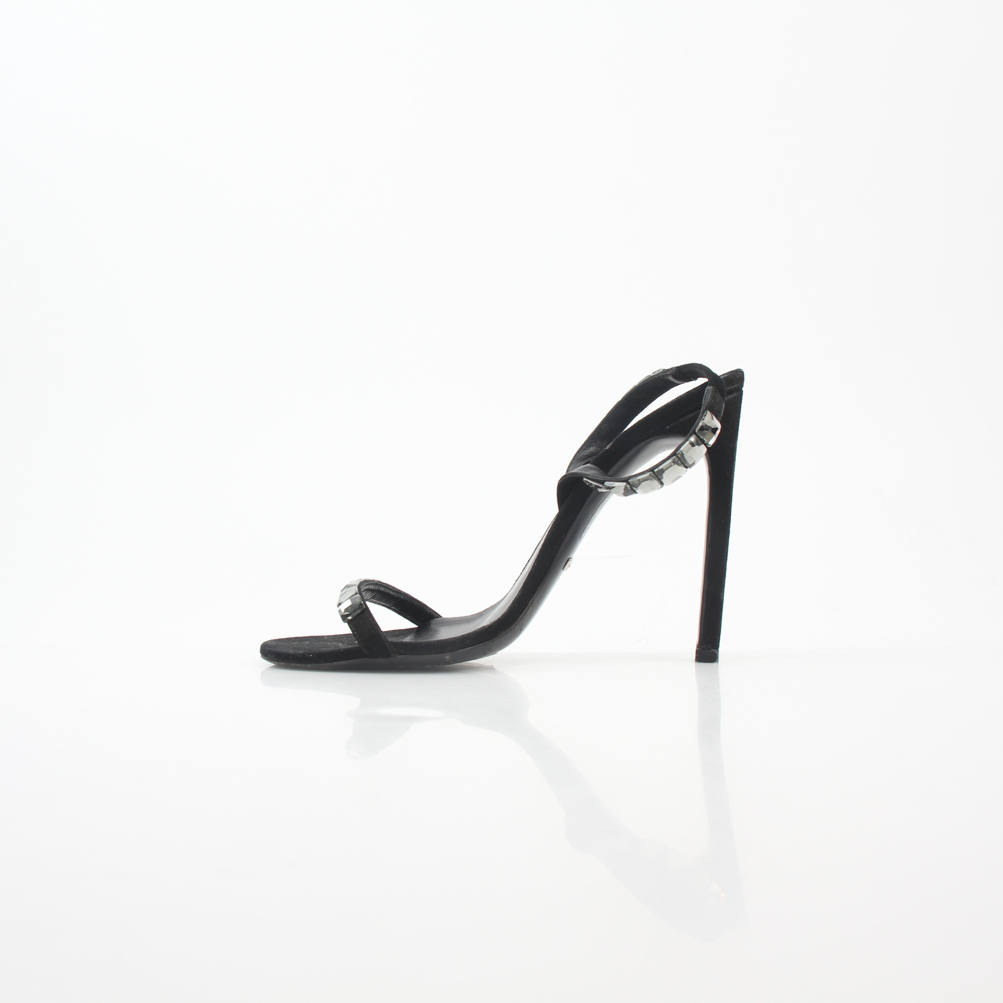 Gucci Black Mallory Crystal Suede Heels with elegant straps and sparkling embellishments, stylish women's footwear.