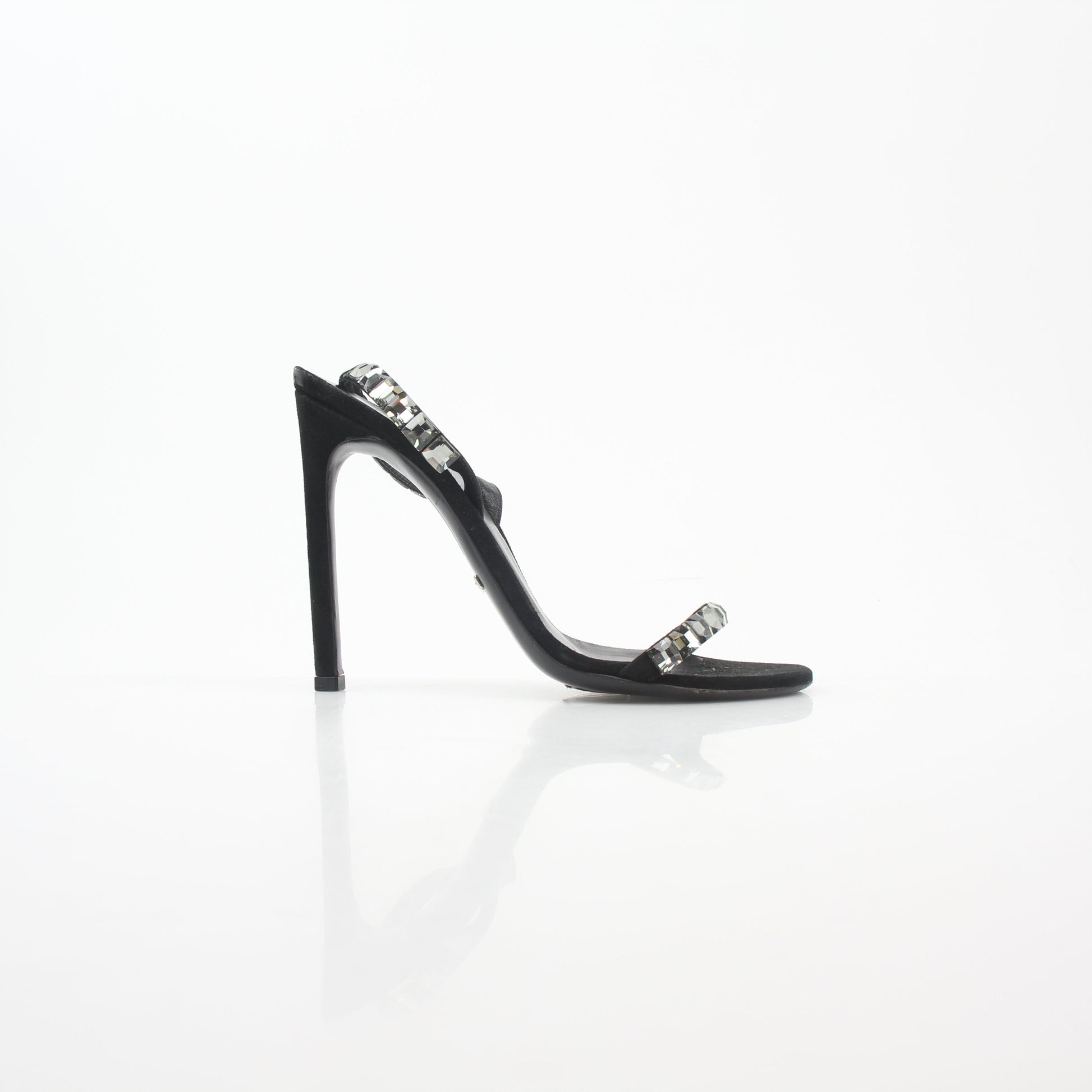 Gucci Black Mallory crystal suede heels with strappy design and crystal embellishments, displayed on a neutral background.