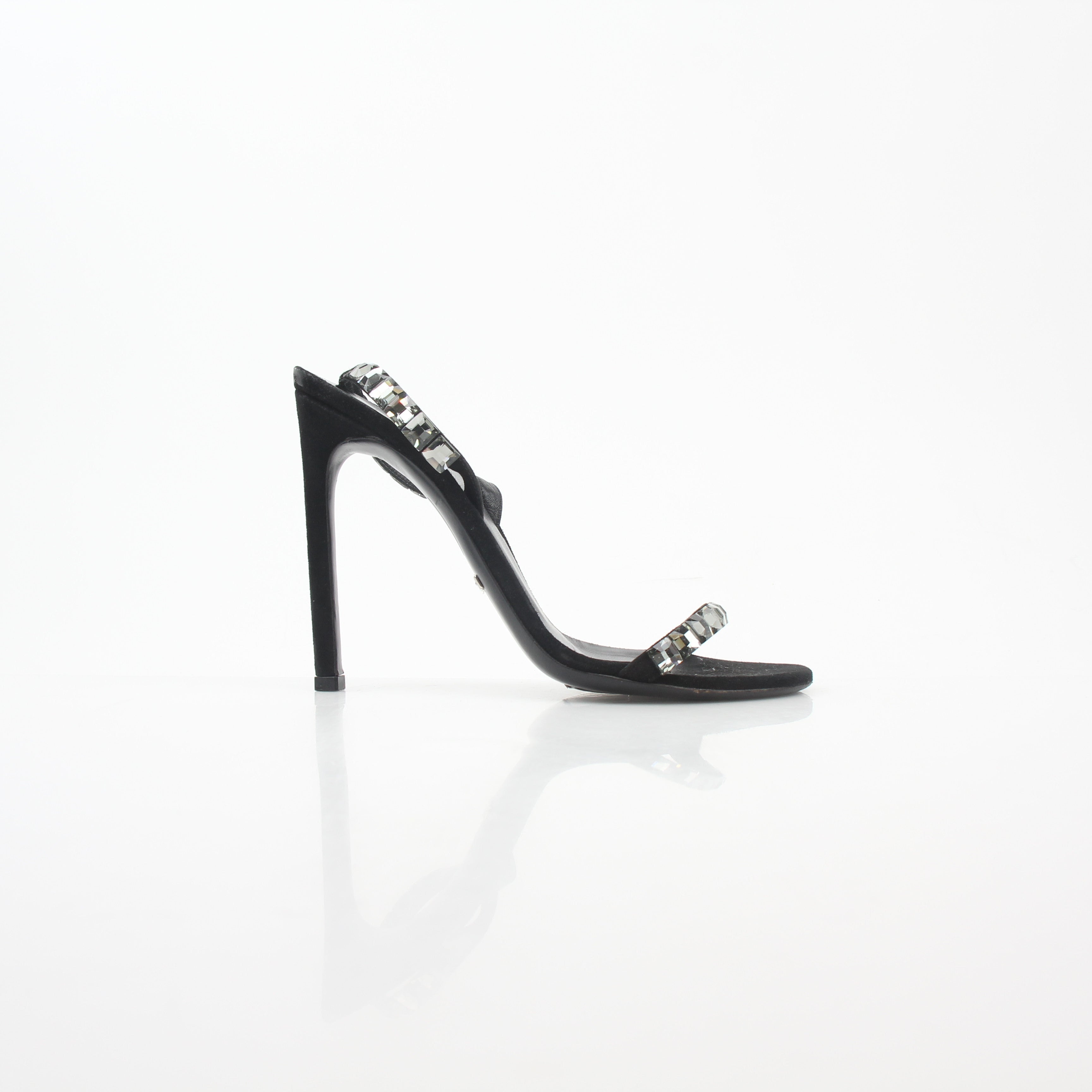 Gucci Black Mallory crystal suede heels with strappy design and crystal embellishments, displayed on a neutral background.