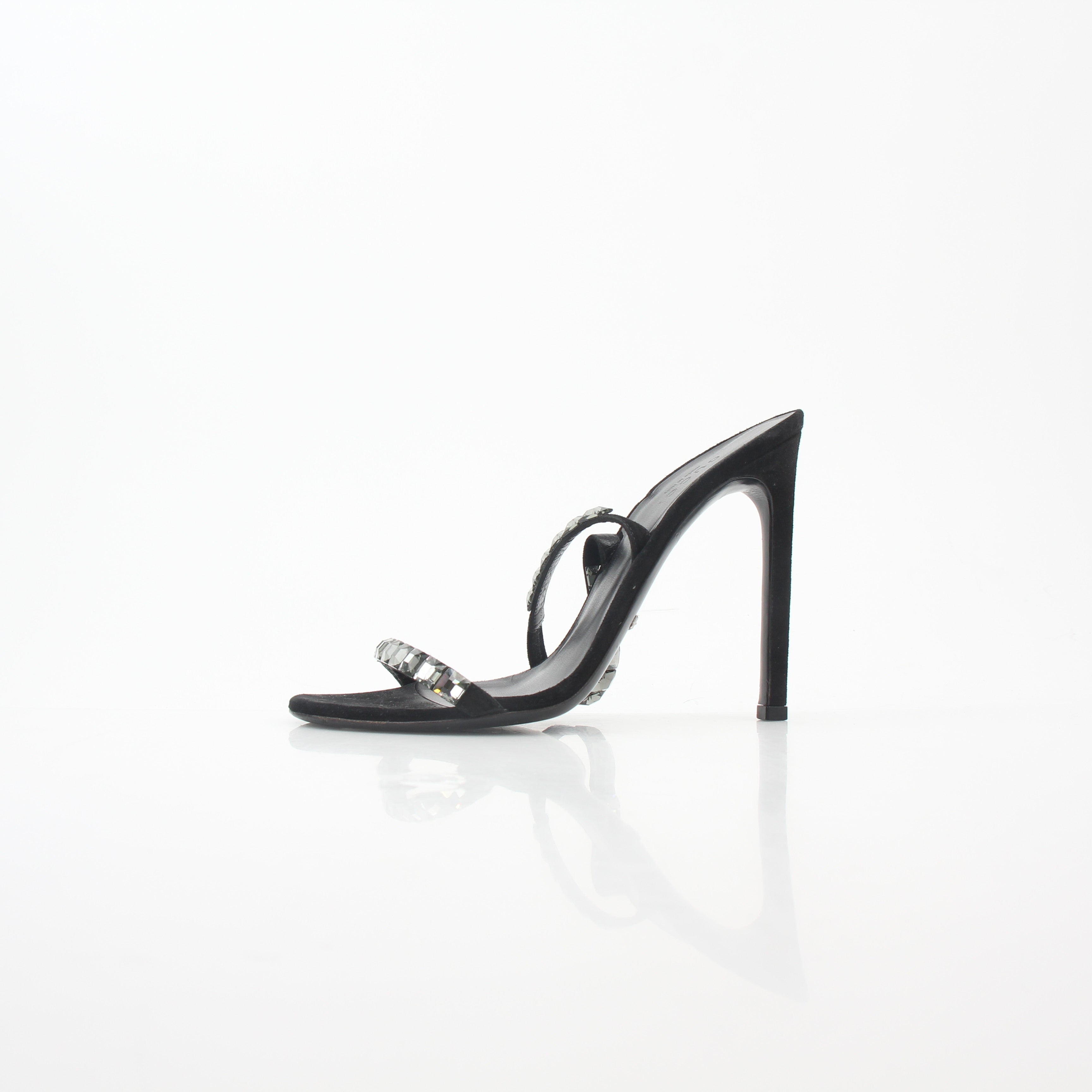 Gucci Black Mallory Crystal Suede Heels with ankle straps and crystal embellishments, showcasing luxurious footwear design.