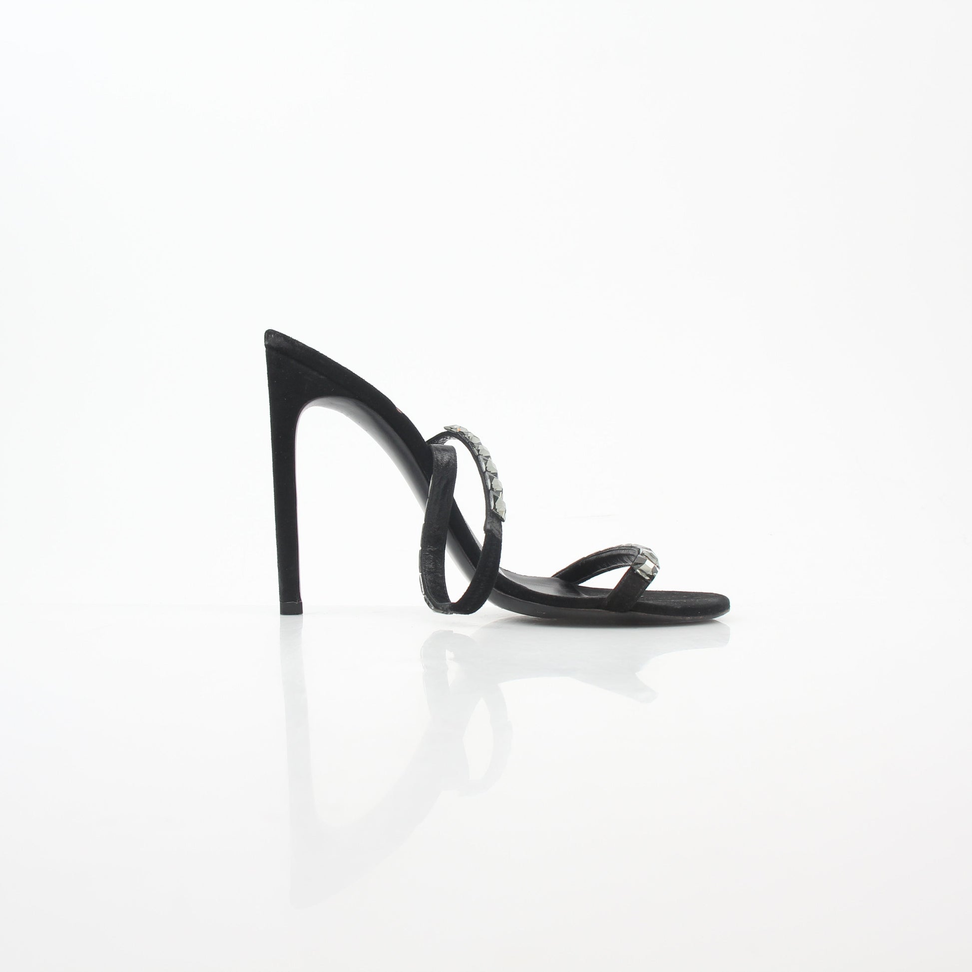 Gucci Black Mallory Crystal Suede Heels with crystal embellishments and open toe design, stylish and elegant footwear.