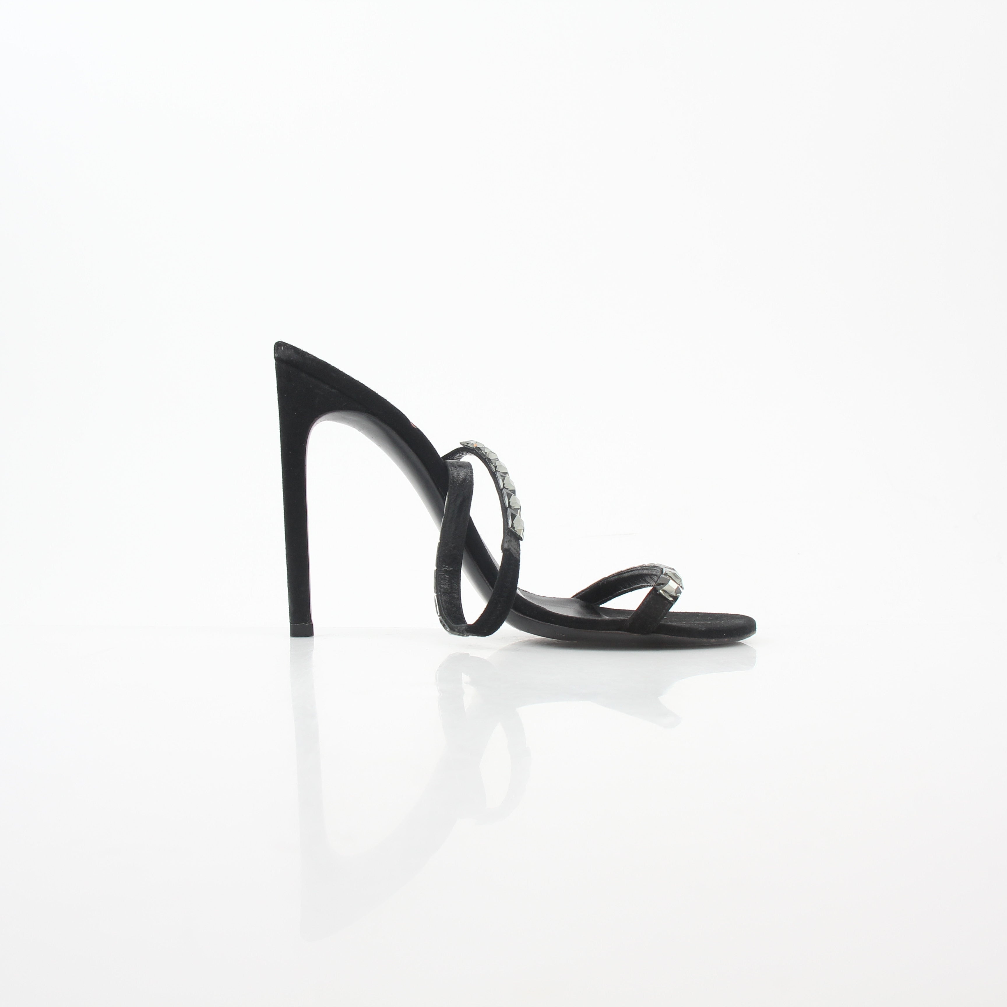 Gucci Black Mallory Crystal Suede Heels with crystal embellishments and open toe design, stylish and elegant footwear.