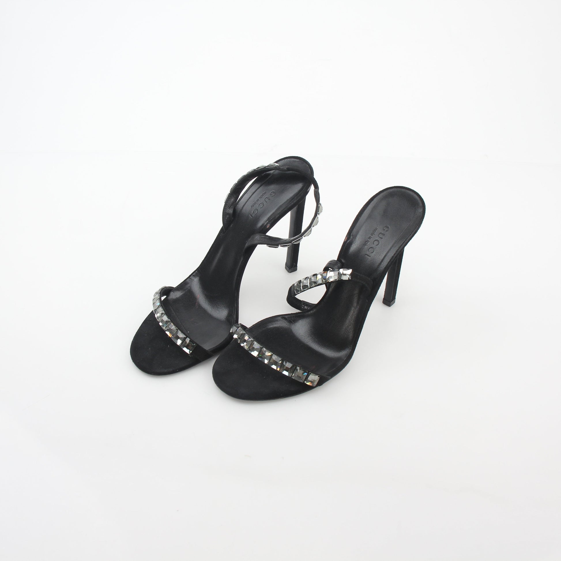 Gucci Black Mallory Crystal Suede Sandals with heels, featuring crystal embellishments and elegant design.