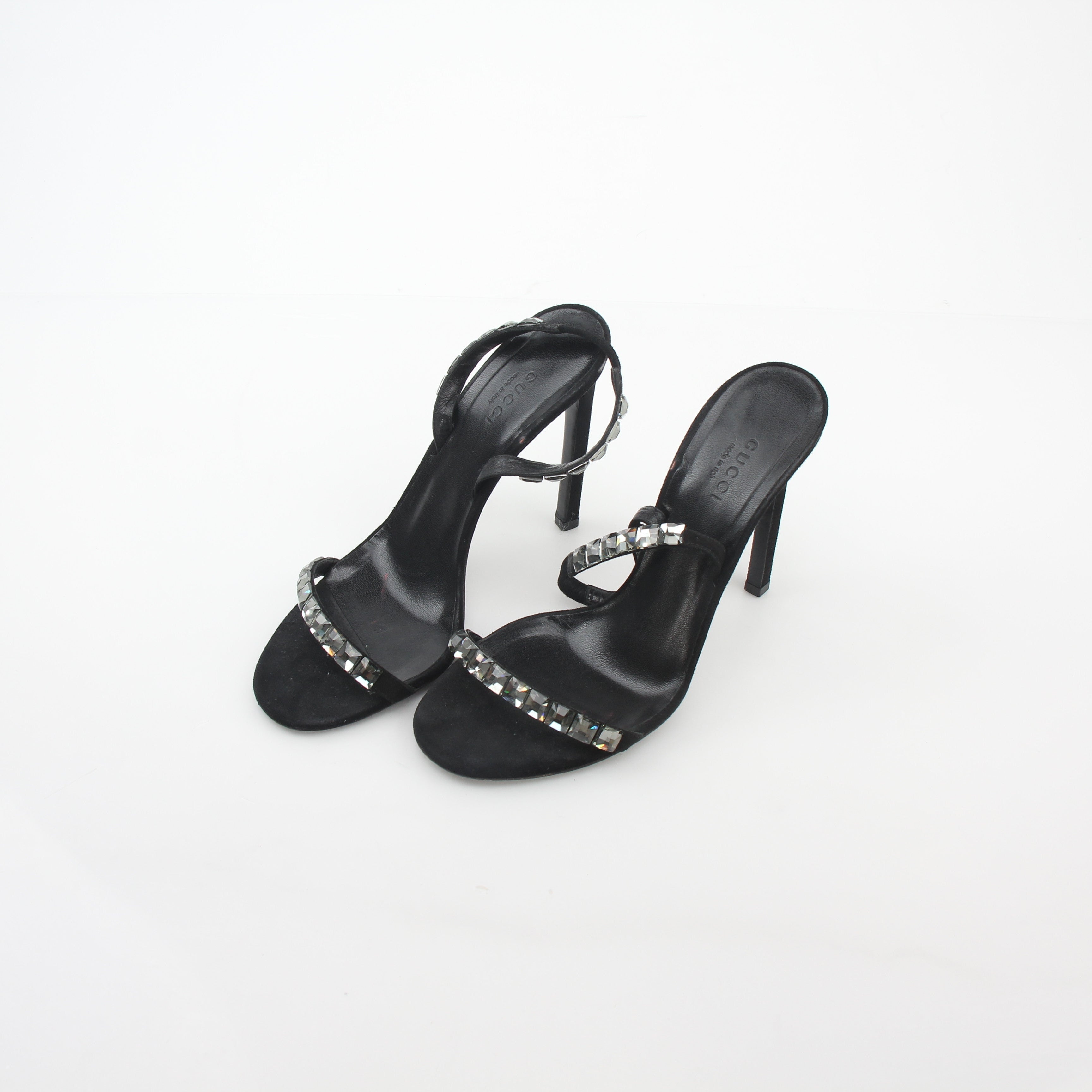 Gucci Black Mallory Crystal Suede Sandals with heels, featuring crystal embellishments and elegant design.
