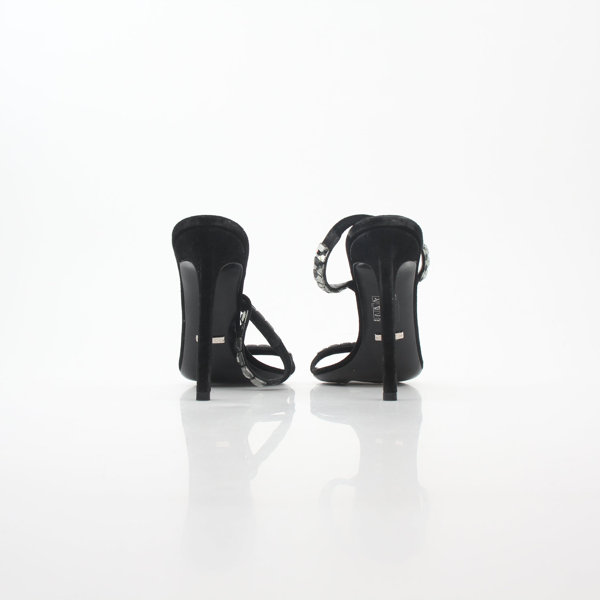 Gucci Black Mallory Crystal Suede Heels with strappy design and crystal embellishments, showcasing luxury footwear style.