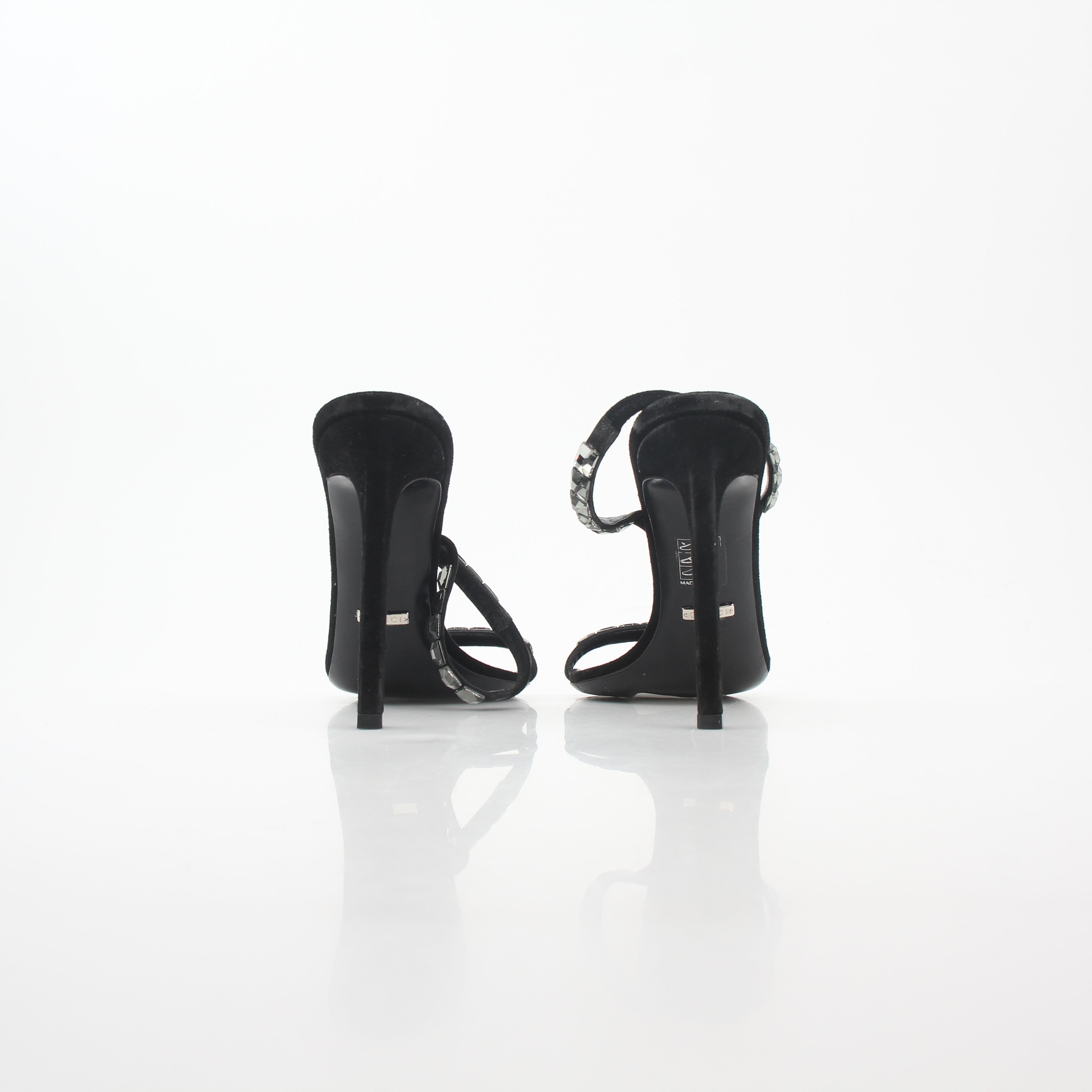 Gucci Black Mallory Crystal Suede Heels with strappy design and crystal embellishments, showcasing luxury footwear style.