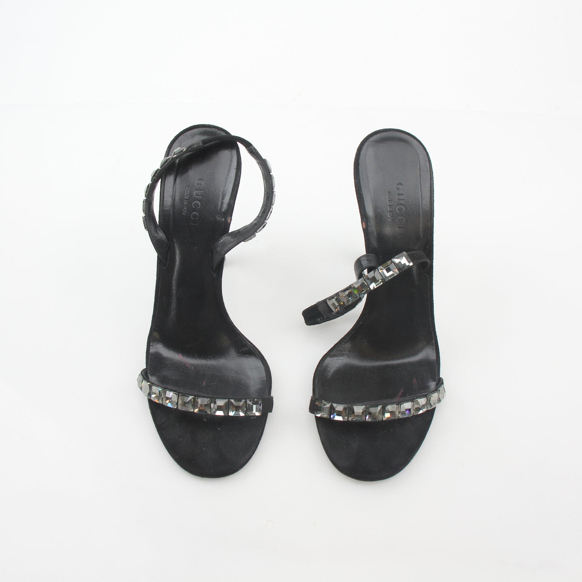 Gucci Black Mallory Crystal Suede Sandals heels with crystal embellishments and suede straps, stylish and elegant footwear.