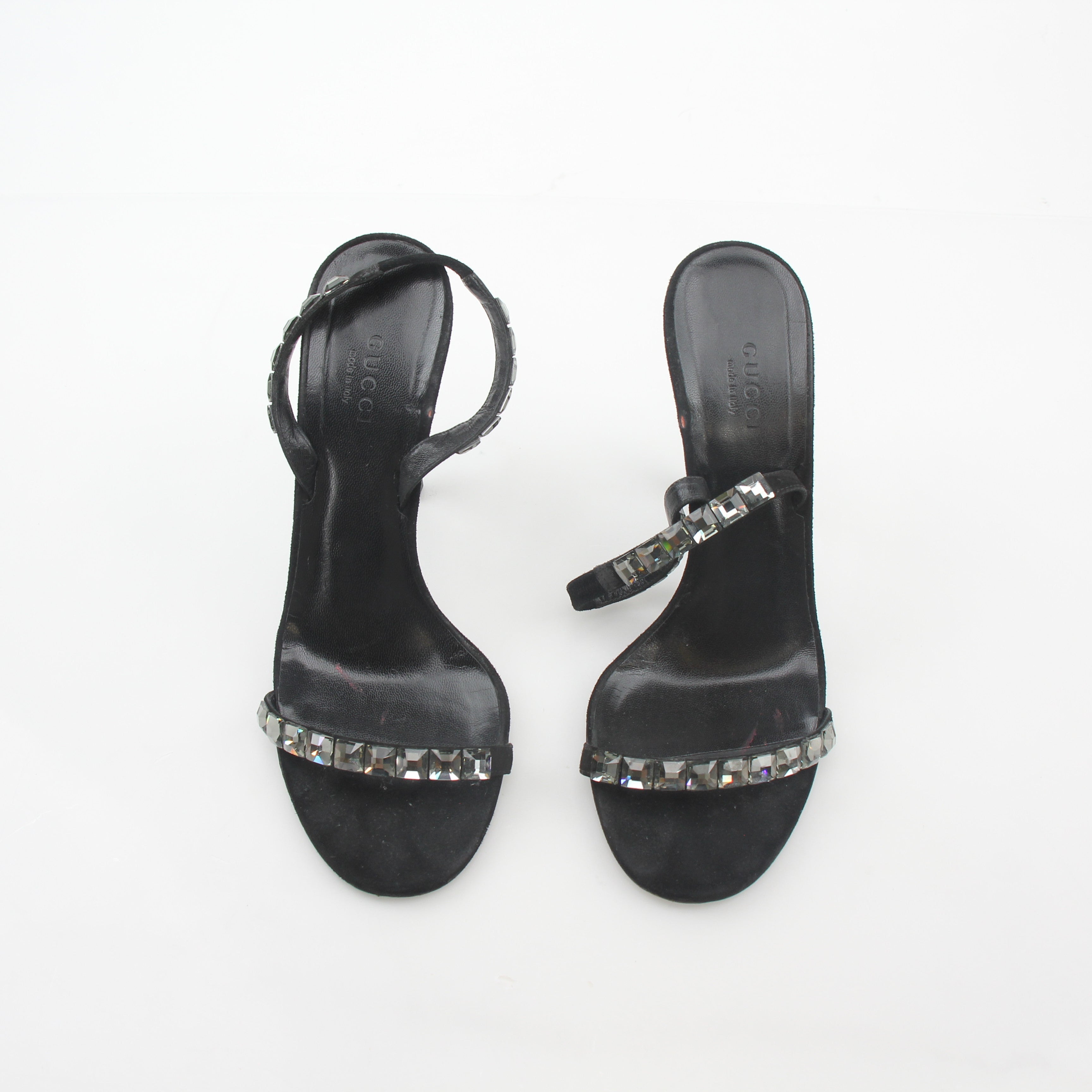 Gucci Black Mallory Crystal Suede Sandals heels with crystal embellishments and suede straps, stylish and elegant footwear.