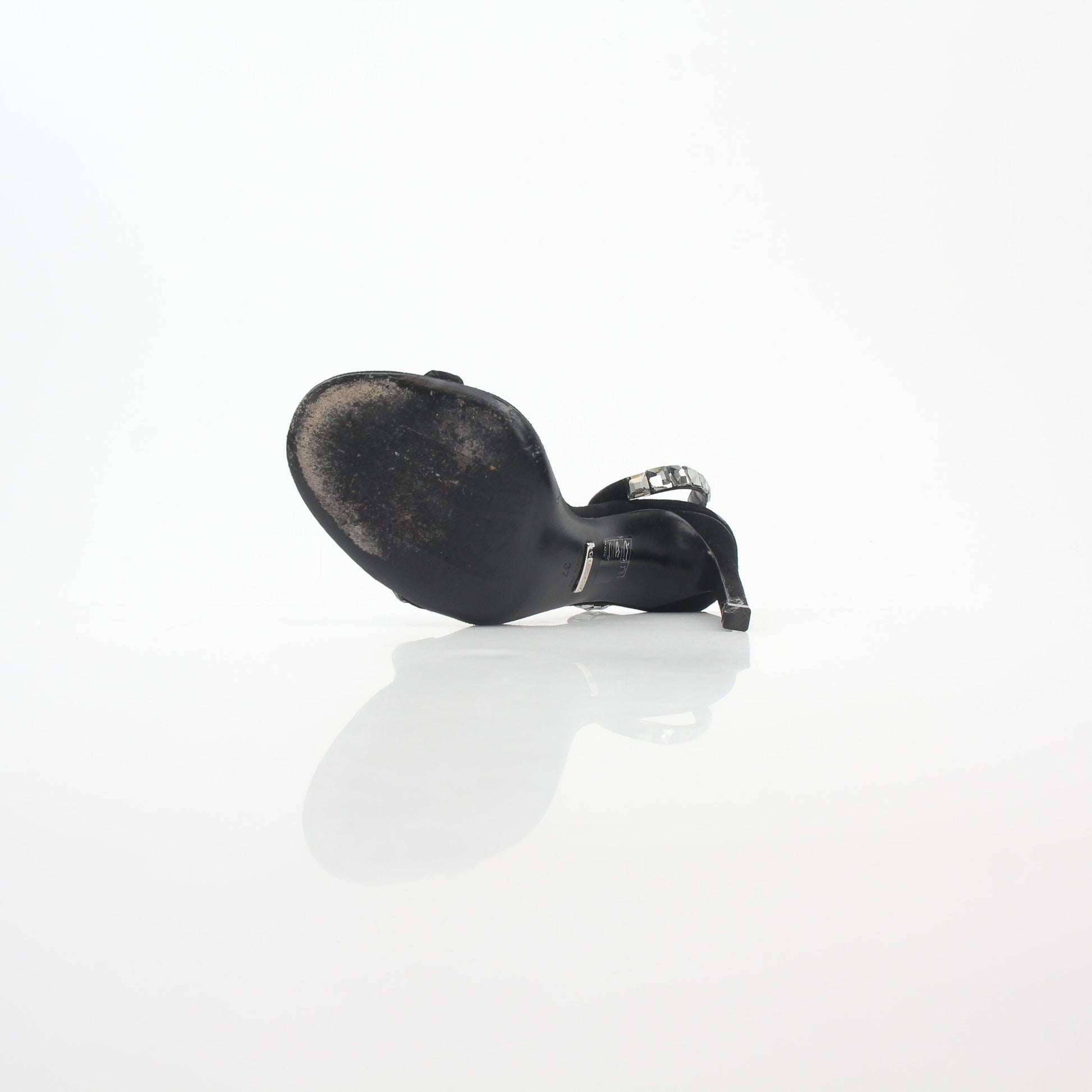 Gucci Black Mallory Crystal Suede Heels with embellishments, stylish women's sandals, elegant slip-on footwear.