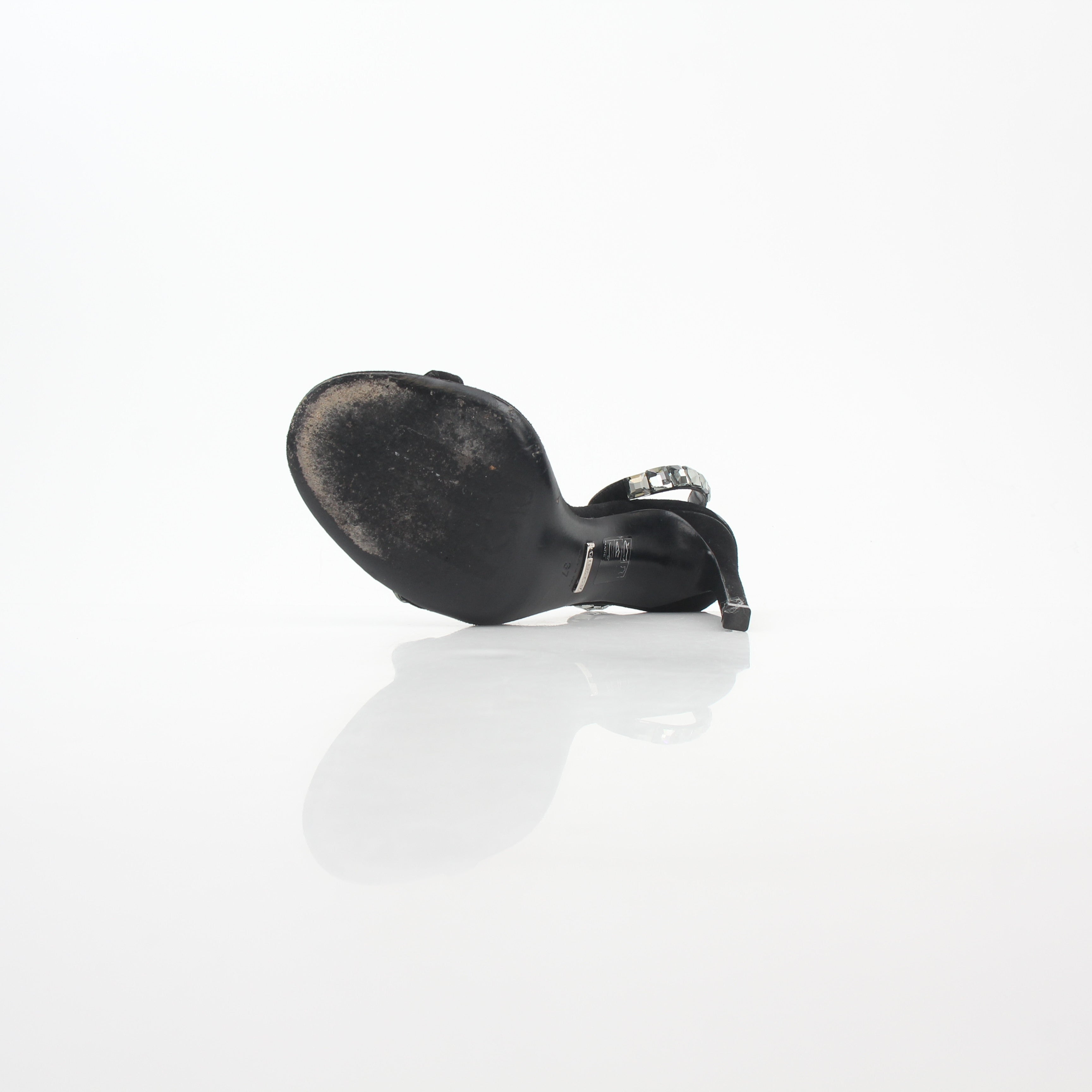 Gucci Black Mallory Crystal Suede Heels with embellishments, stylish women's sandals, elegant slip-on footwear.