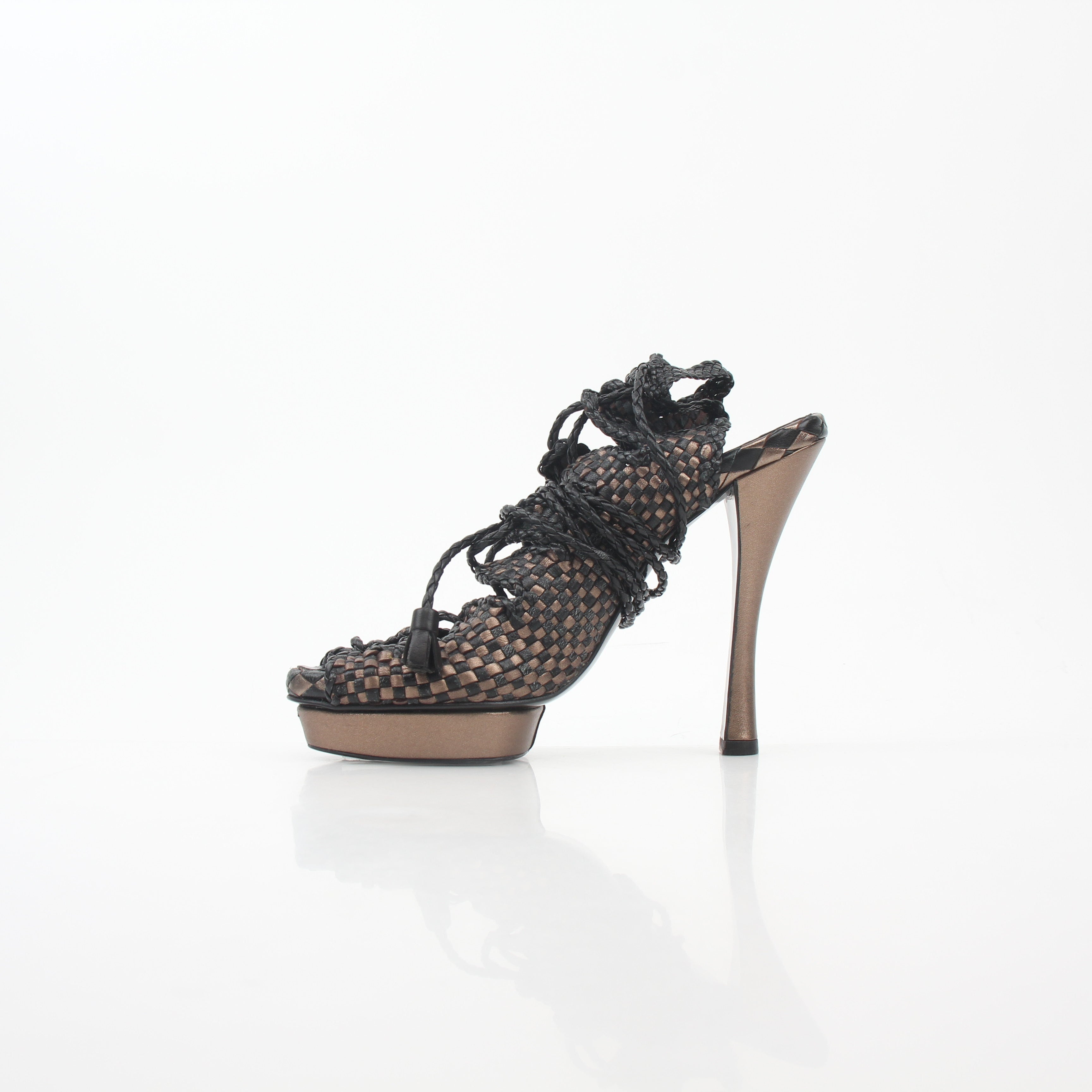 Hermès Black & Bronze Woven Leather Platform Heels