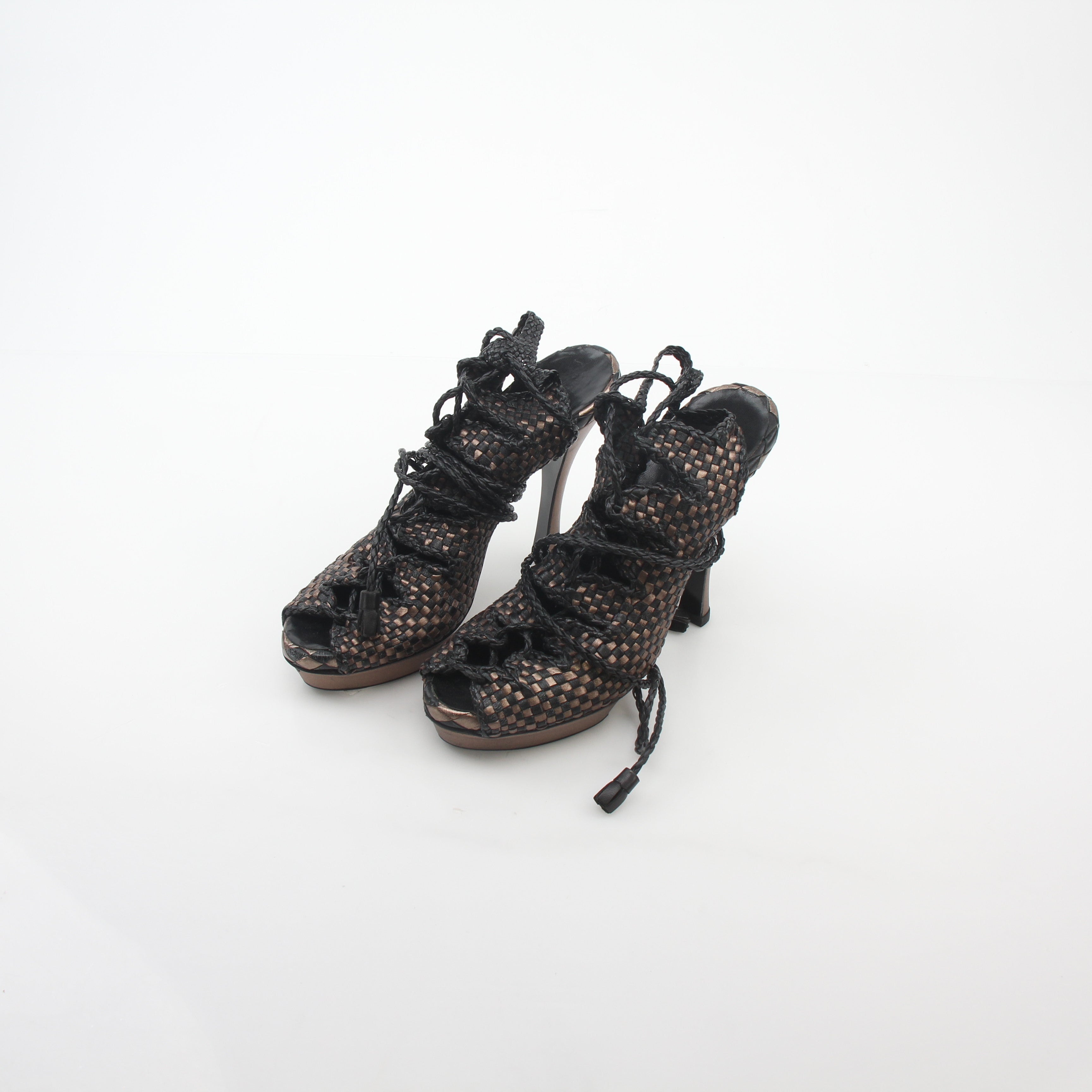 Hermès Black & Bronze Woven Leather Platform Heels