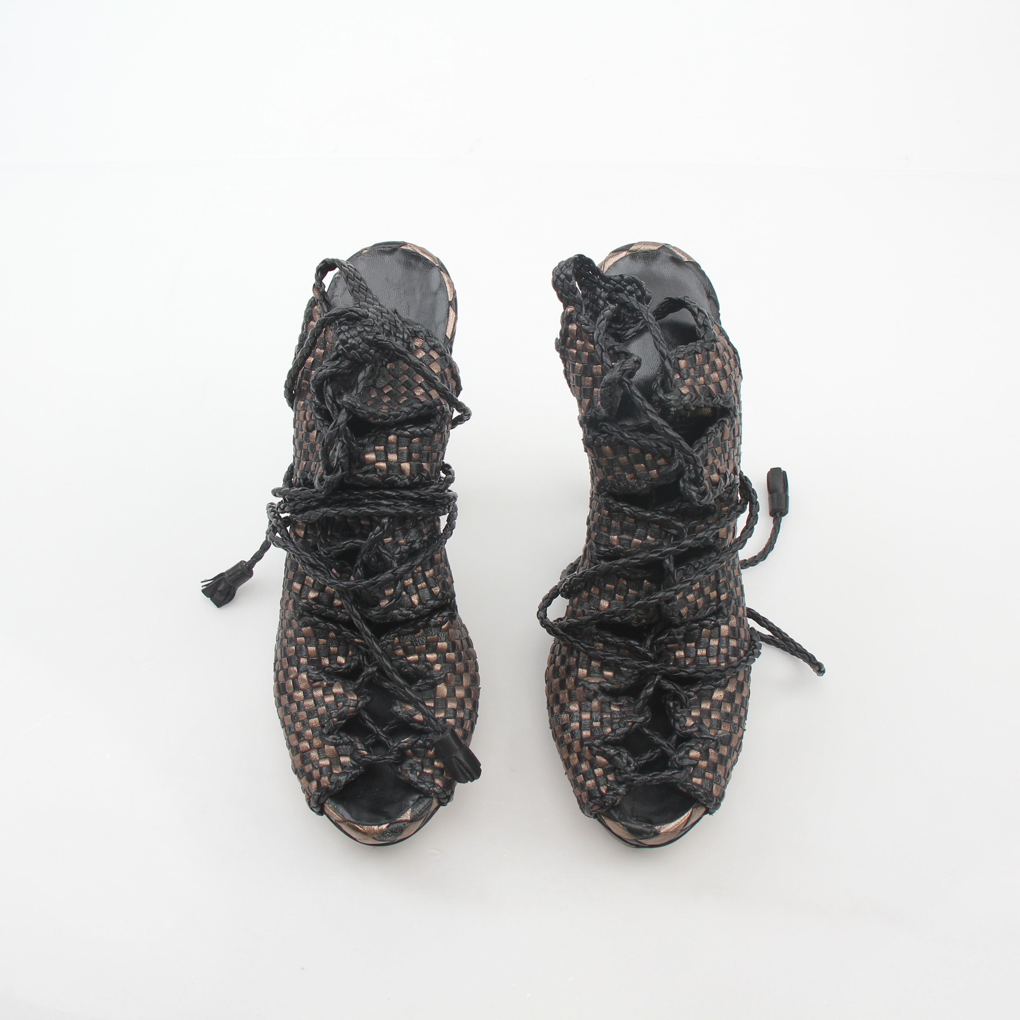 Hermès Black & Bronze Woven Leather Platform Heels