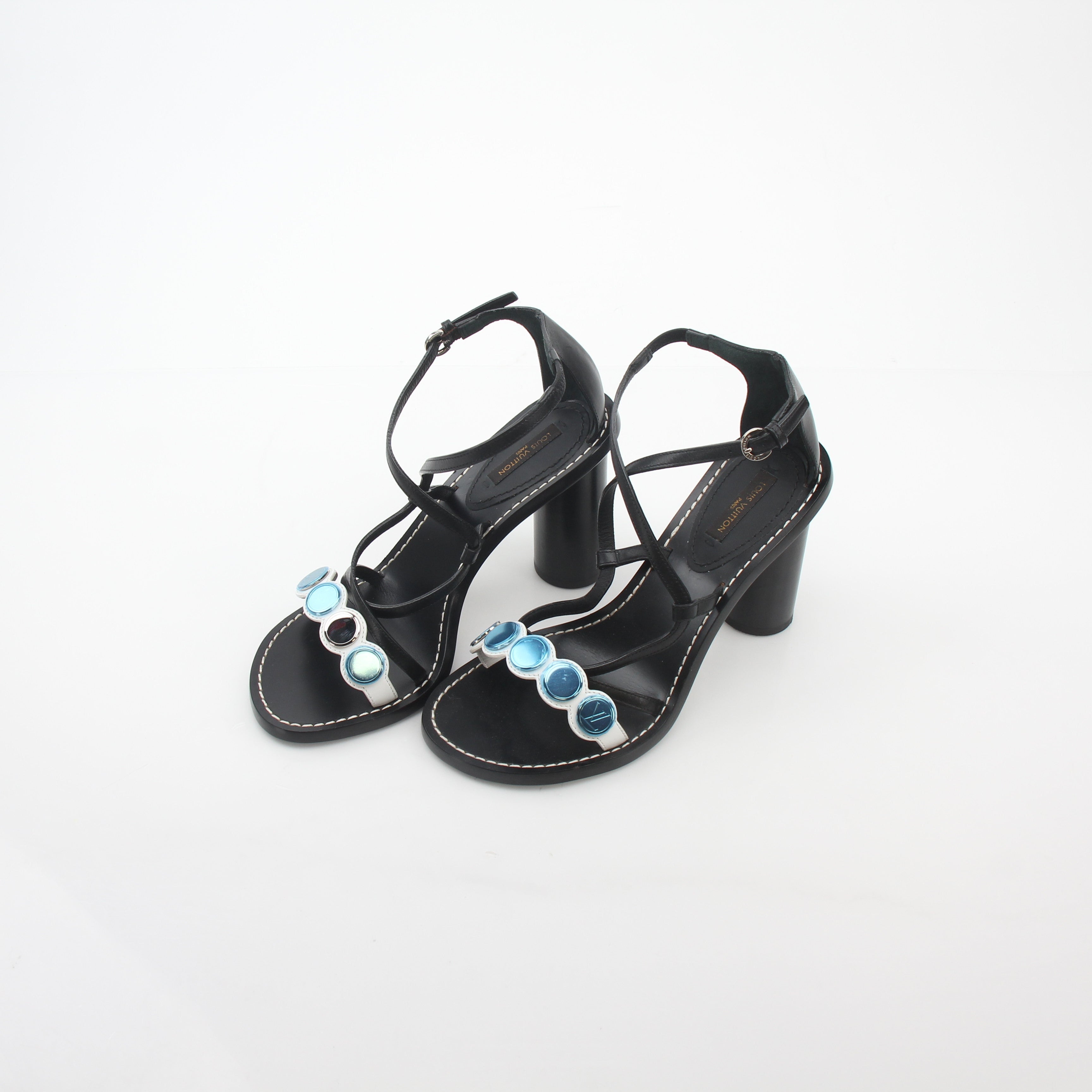 Louis Vuitton Black Calfskin Cabochon Strappy Block Heel Sandals