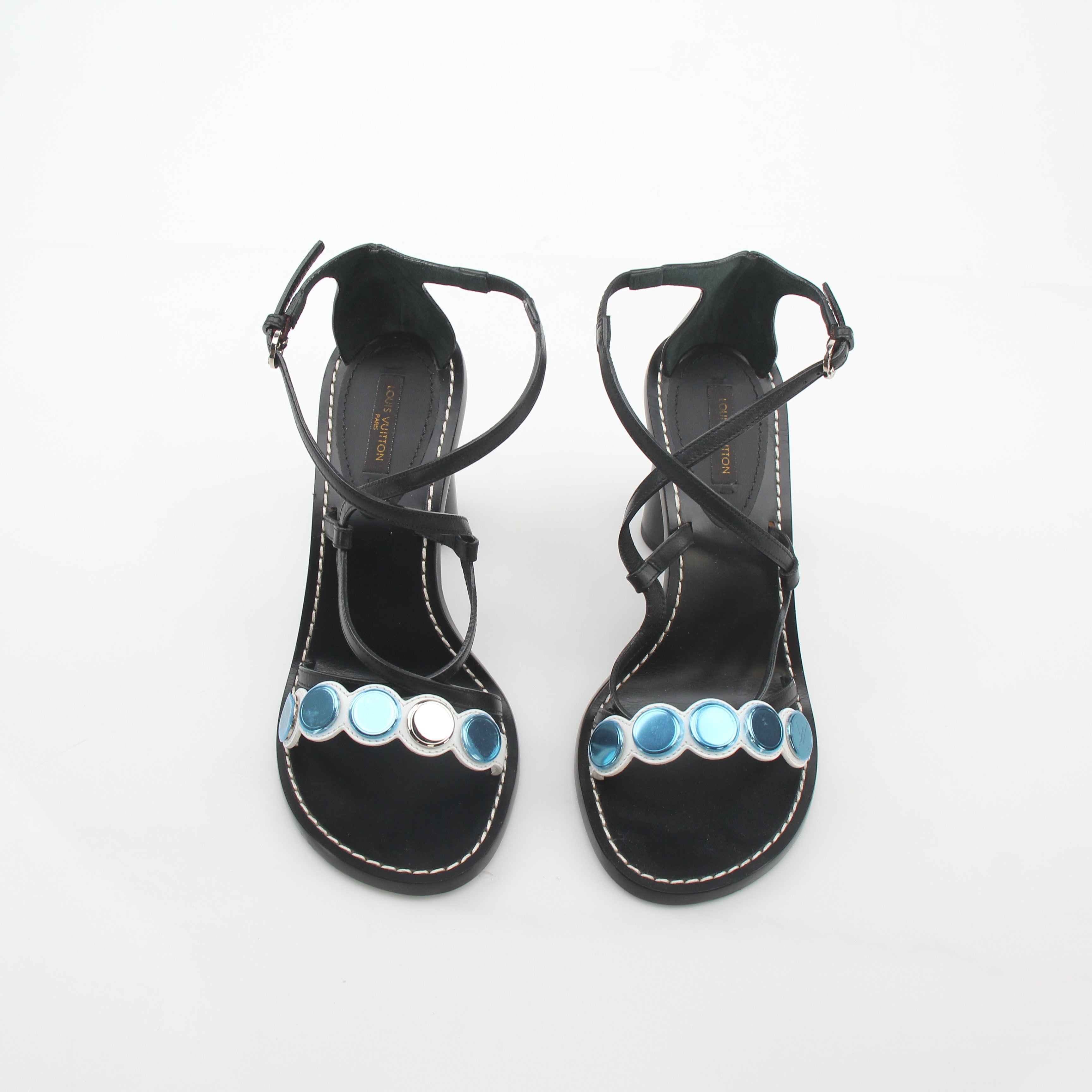 Louis Vuitton Black Calfskin Cabochon Strappy Block Heel Sandals