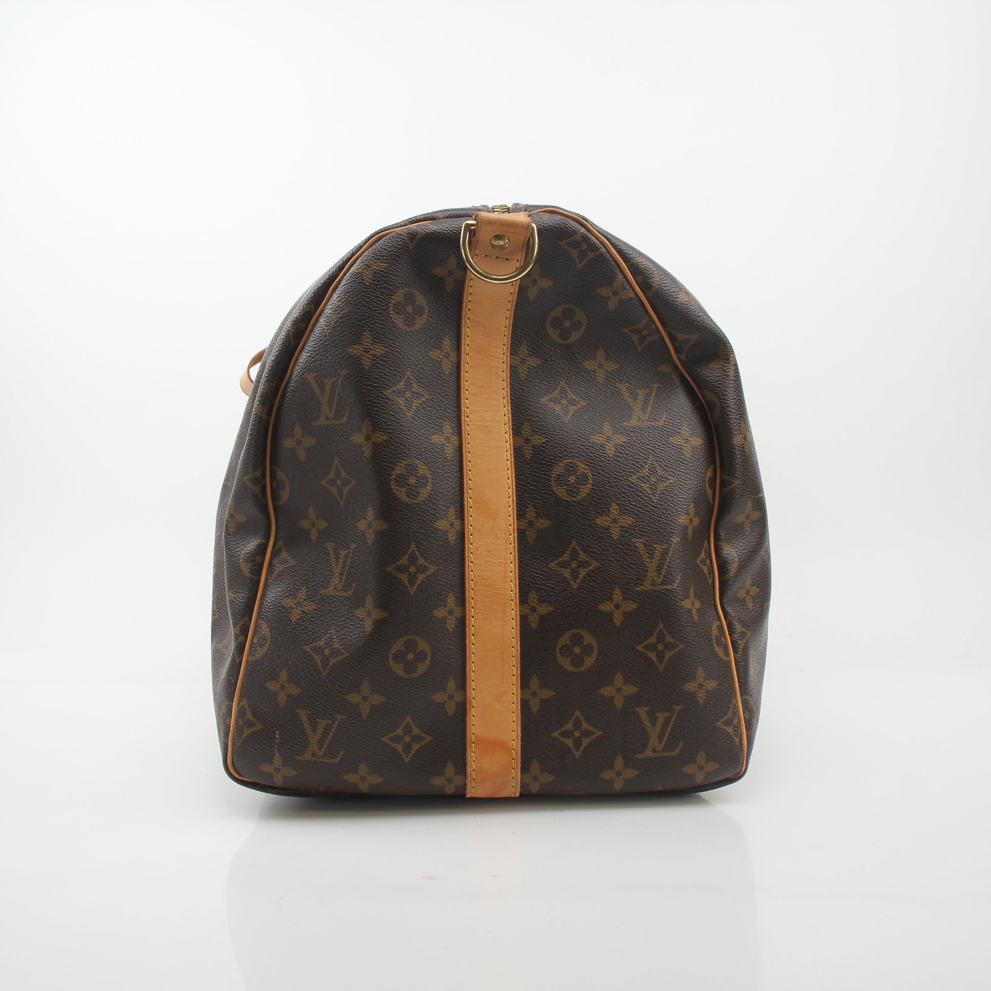 Louis Vuitton Monogram Keepall Bandoulière 55 duffel bag with leather trim and gold hardware, designed for travel and carry-on use.