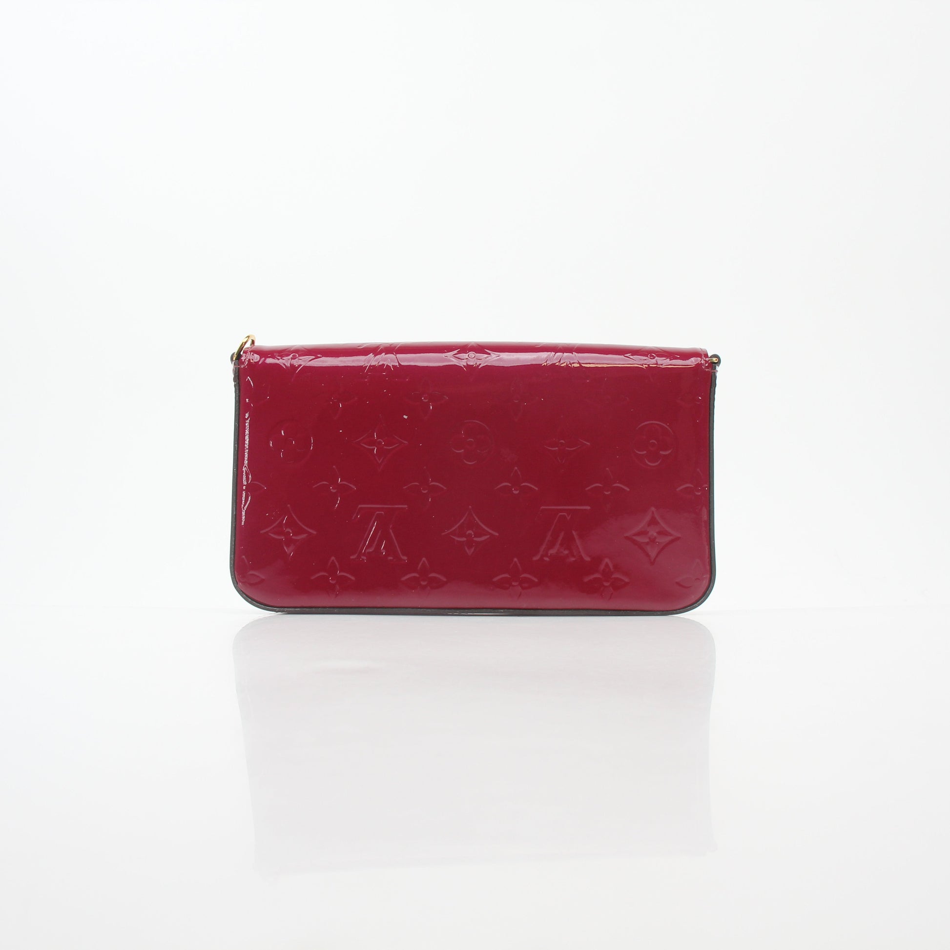 Louis Vuitton Red Monogram Vernis Pochette Félicie handbag with gold hardware and compact design, featuring signature monogram pattern.