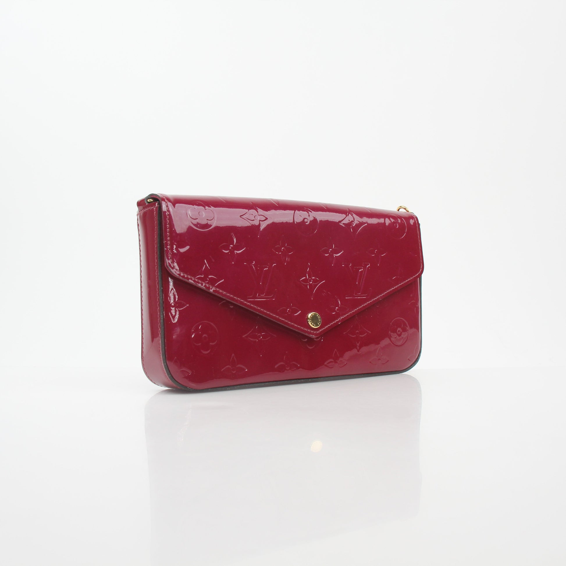 Louis Vuitton Red Monogram Vernis Félicie Pochette handbag with gold accents, glossy finish, and compact design.