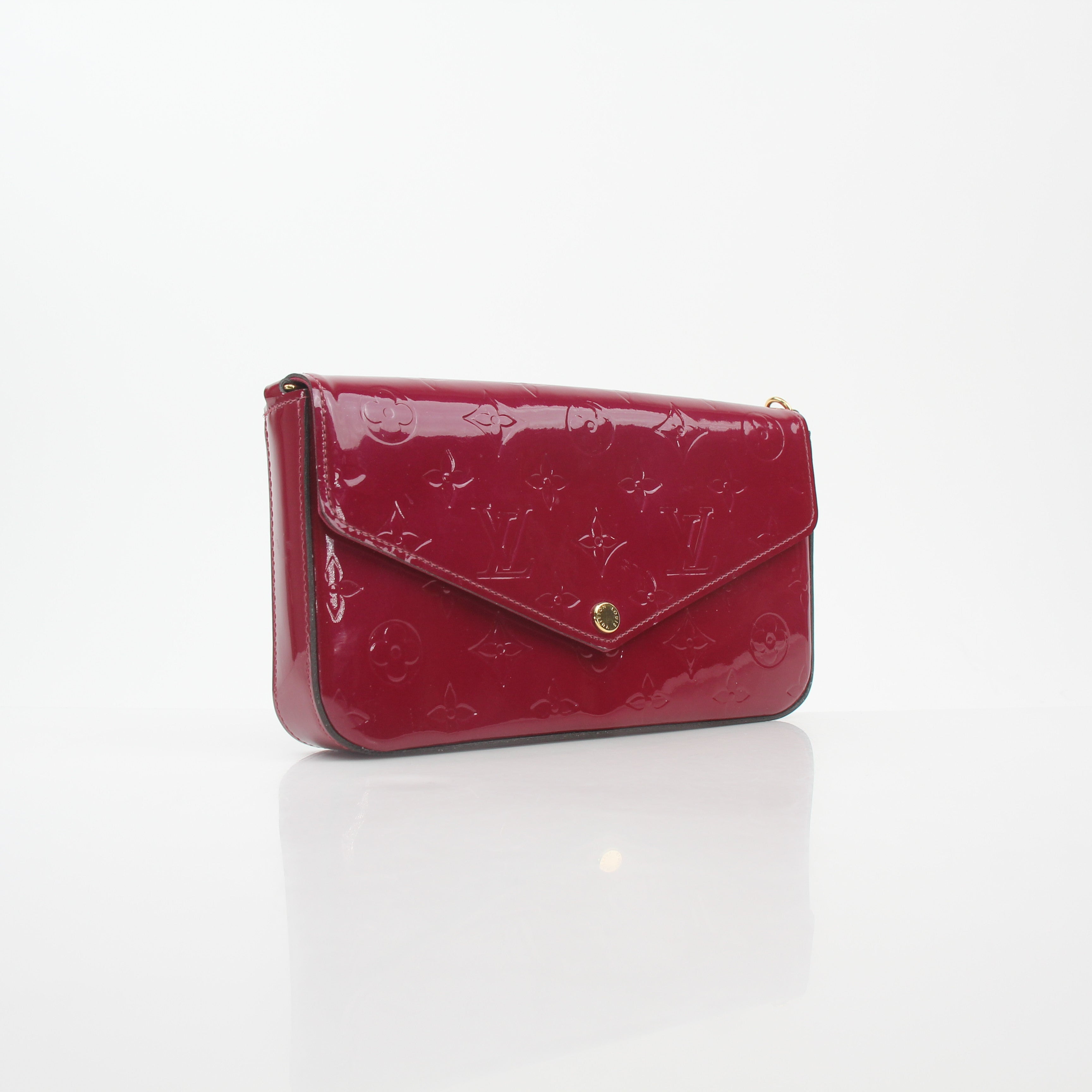 Louis Vuitton Red Monogram Vernis Félicie Pochette handbag with gold accents, glossy finish, and compact design.
