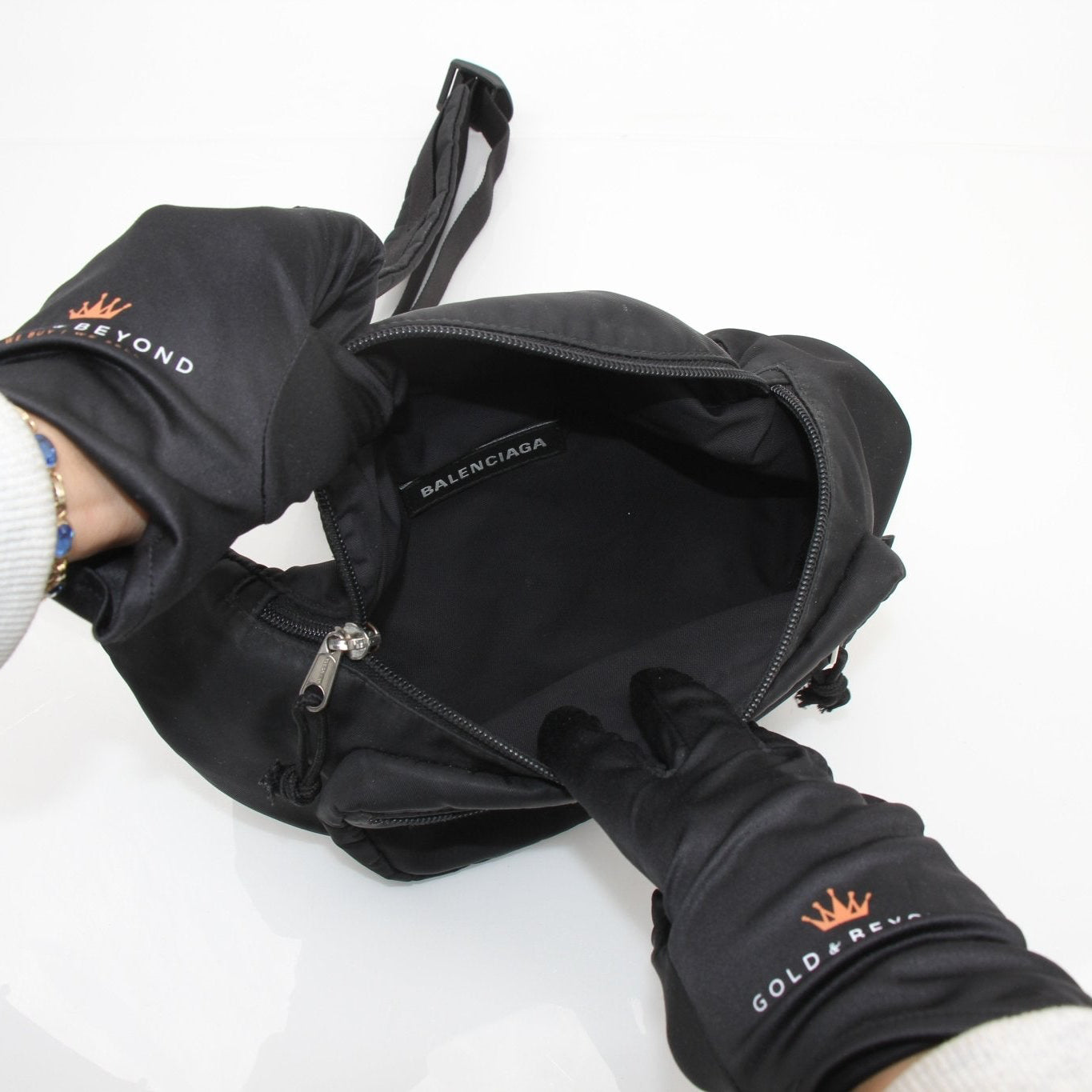 Balenciaga WFP nylon belt bag with adjustable strap and front pocket, featuring a sleek, modern design.