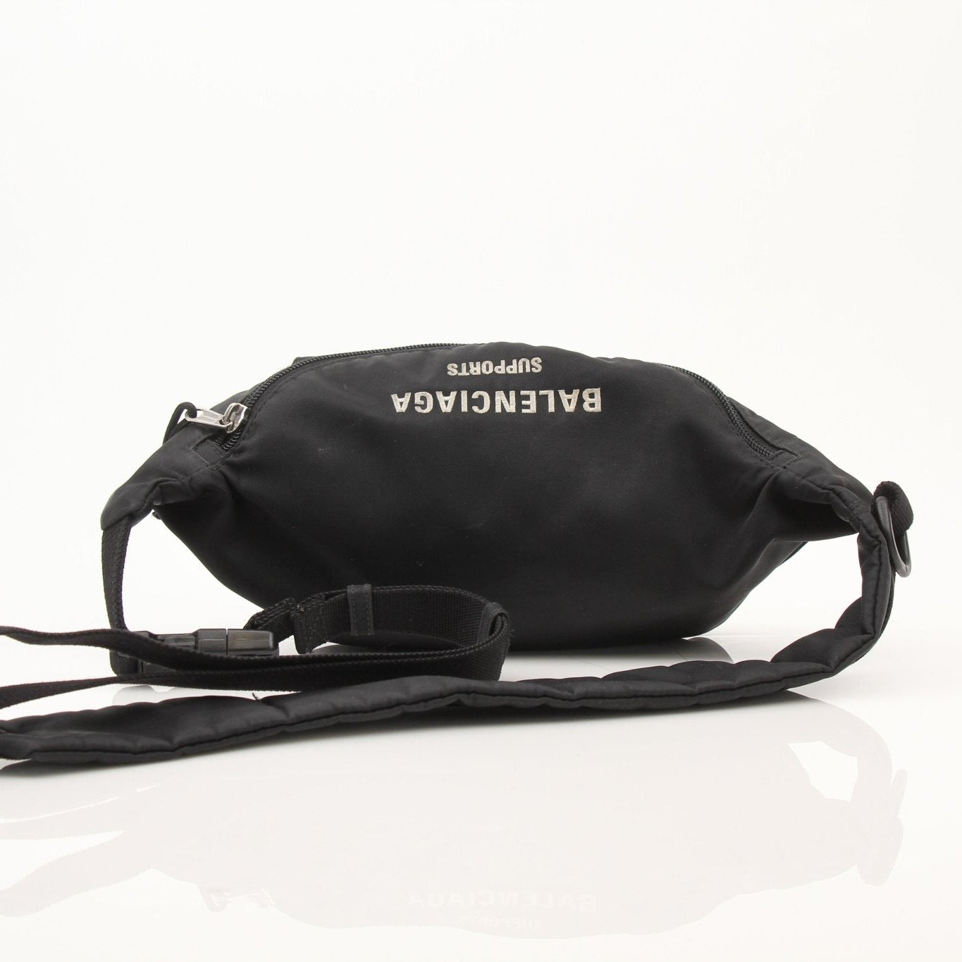 Balenciaga WFP Nylon Belt Bag handbag with adjustable strap, black nylon material, and gold-tone hardware.