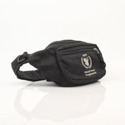 Gold & Beyond nylon Balenciaga WFP belt bag handbag with adjustable strap and front zipper pocket, black color.