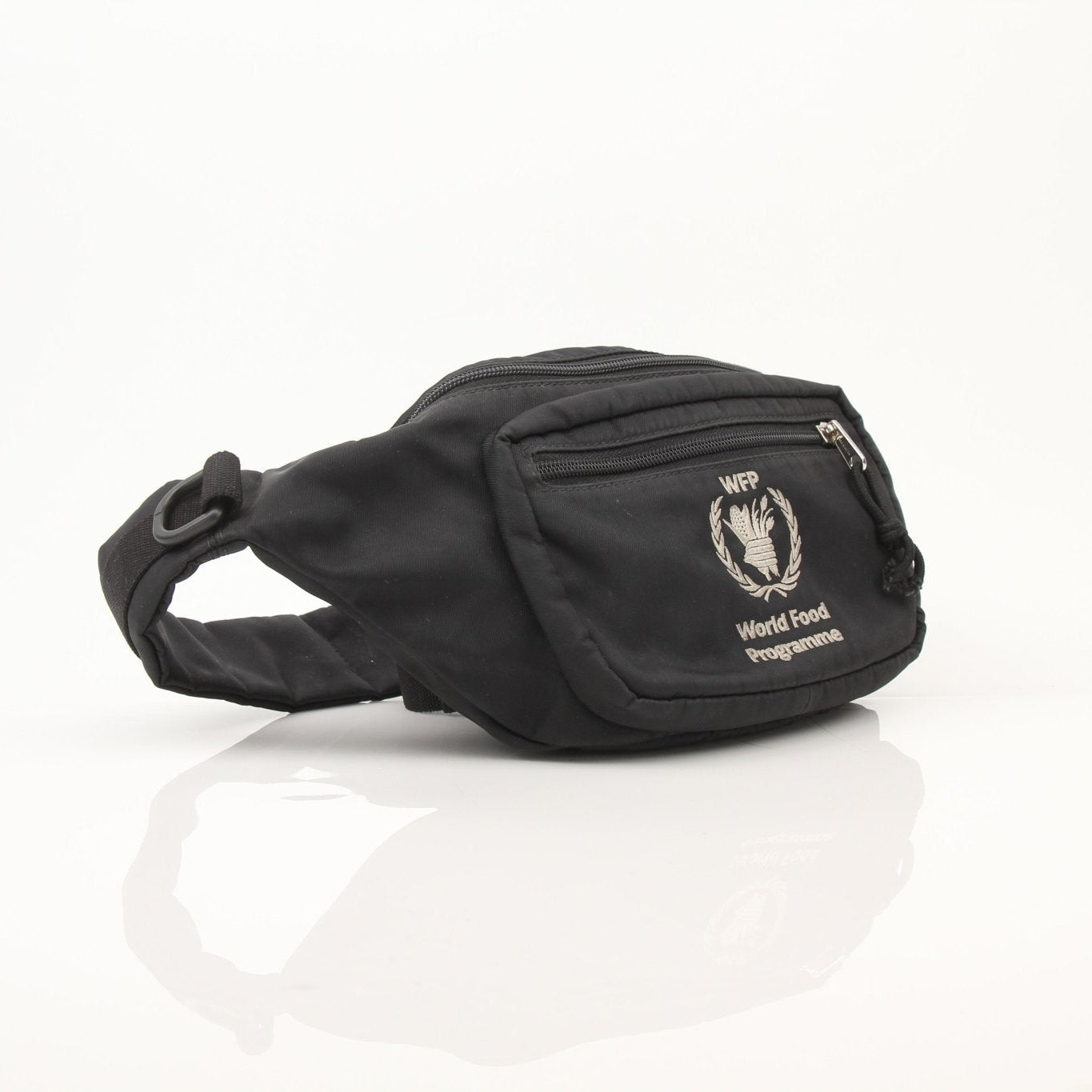 Gold & Beyond nylon Balenciaga WFP belt bag handbag with adjustable strap and front zipper pocket, black color.