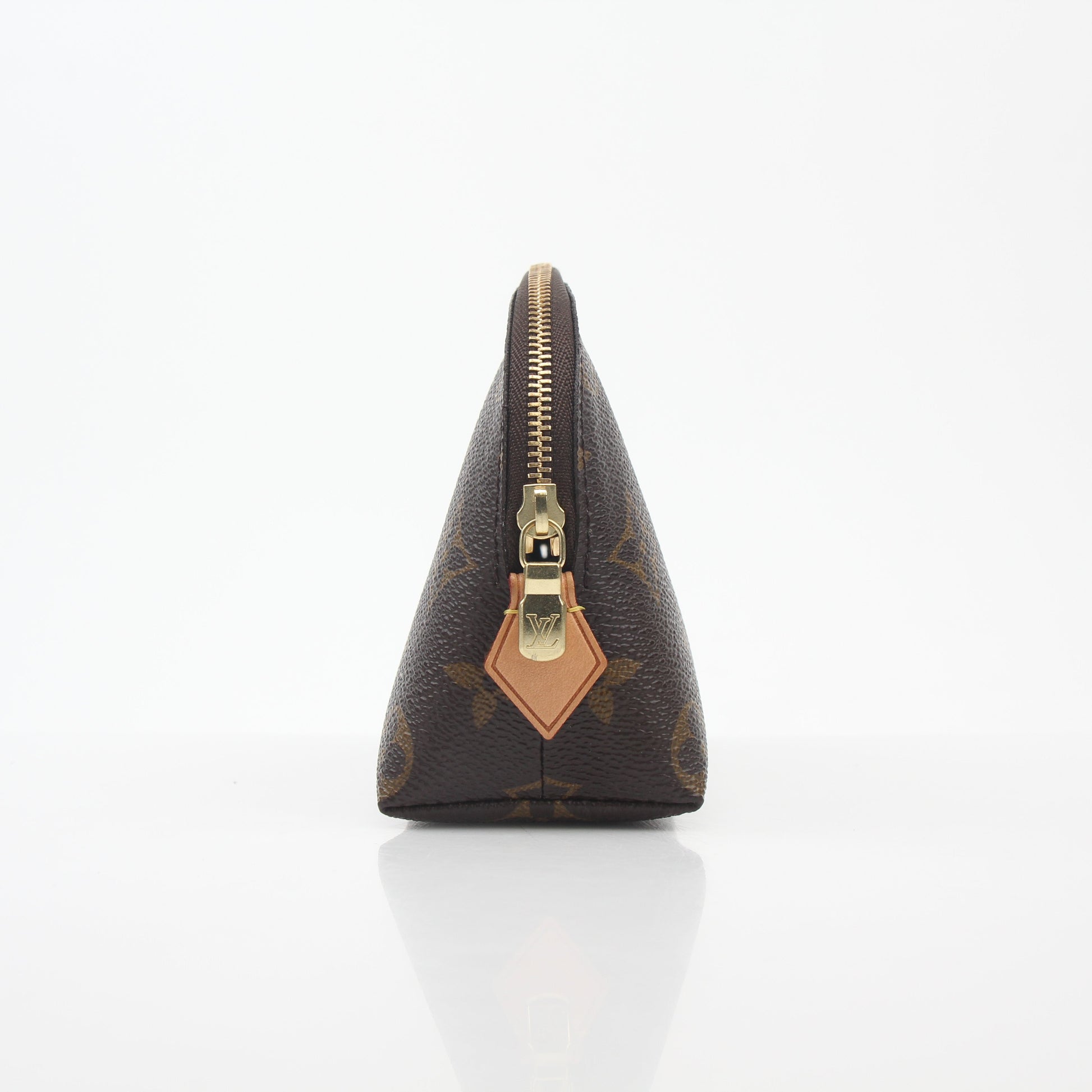 Louis Vuitton Monogram Cosmetic Pouch vanity case with gold accents and spacious interior, designed for stylish makeup storage.