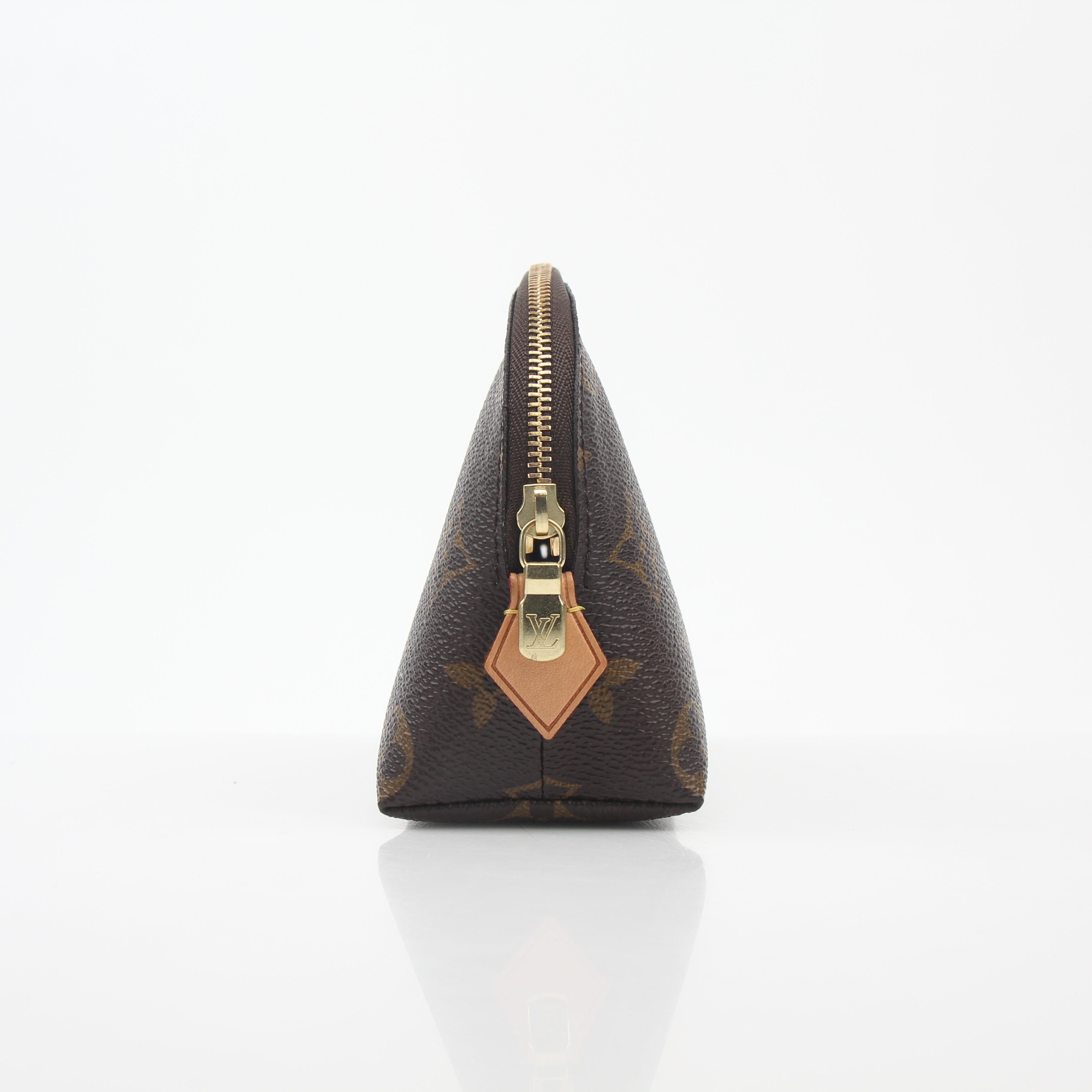 Louis Vuitton Monogram Cosmetic Pouch vanity case with gold accents and spacious interior, designed for stylish makeup storage.