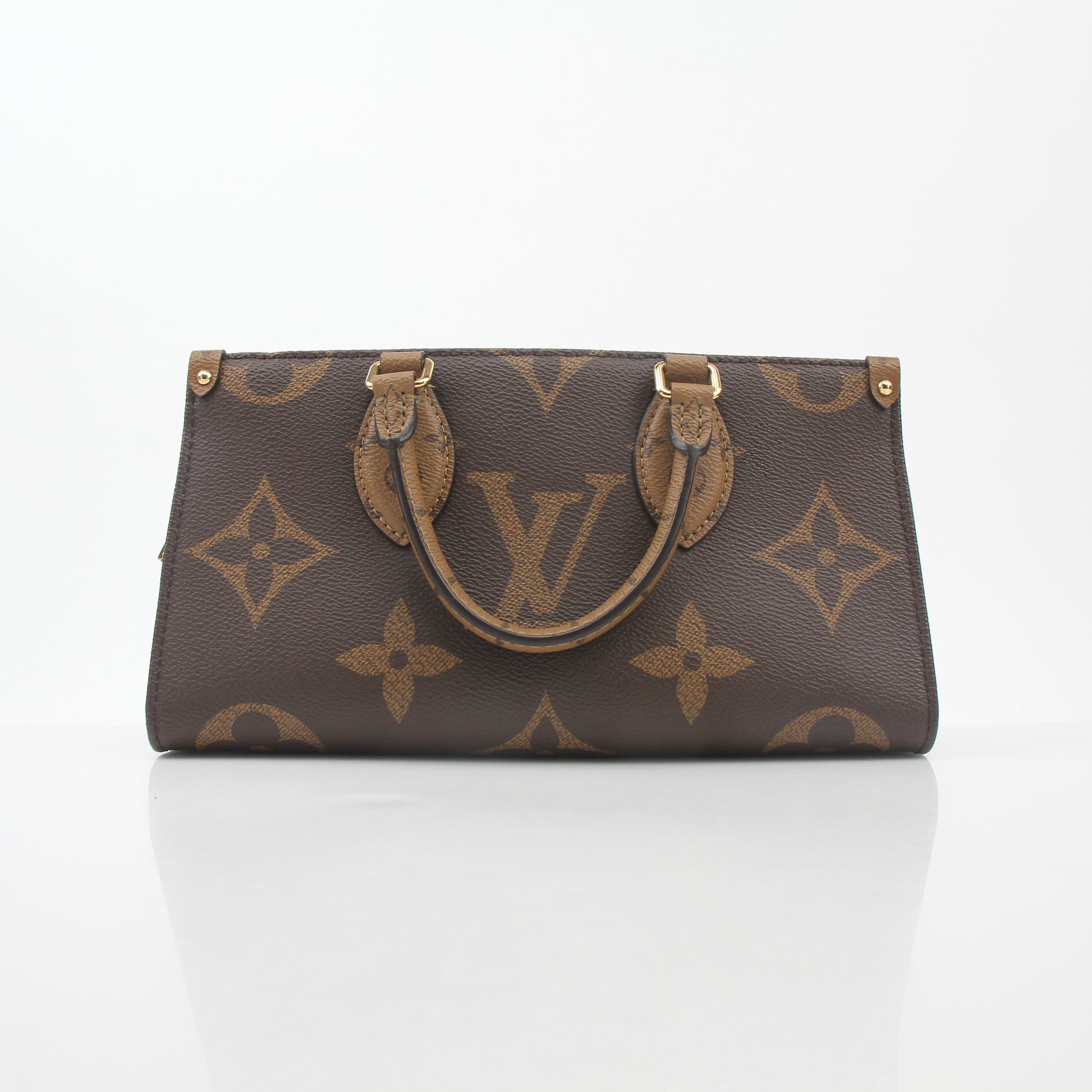 Louis Vuitton Brown Monogram OnTheGo East West handbag with gold accents, showcasing the signature monogram canvas and structured design.