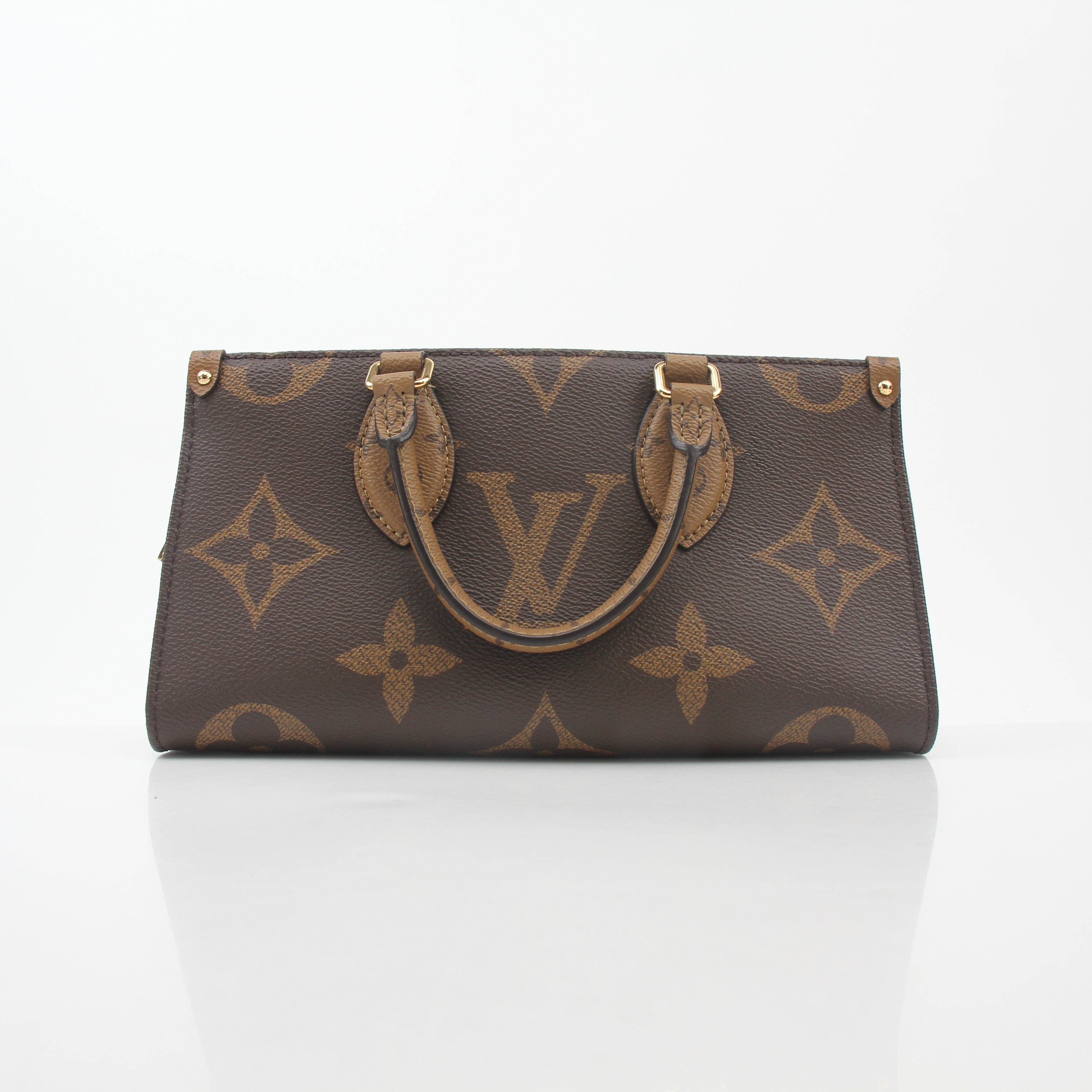 Louis Vuitton Brown Monogram OnTheGo East West handbag with gold accents, showcasing the signature monogram canvas and structured design.