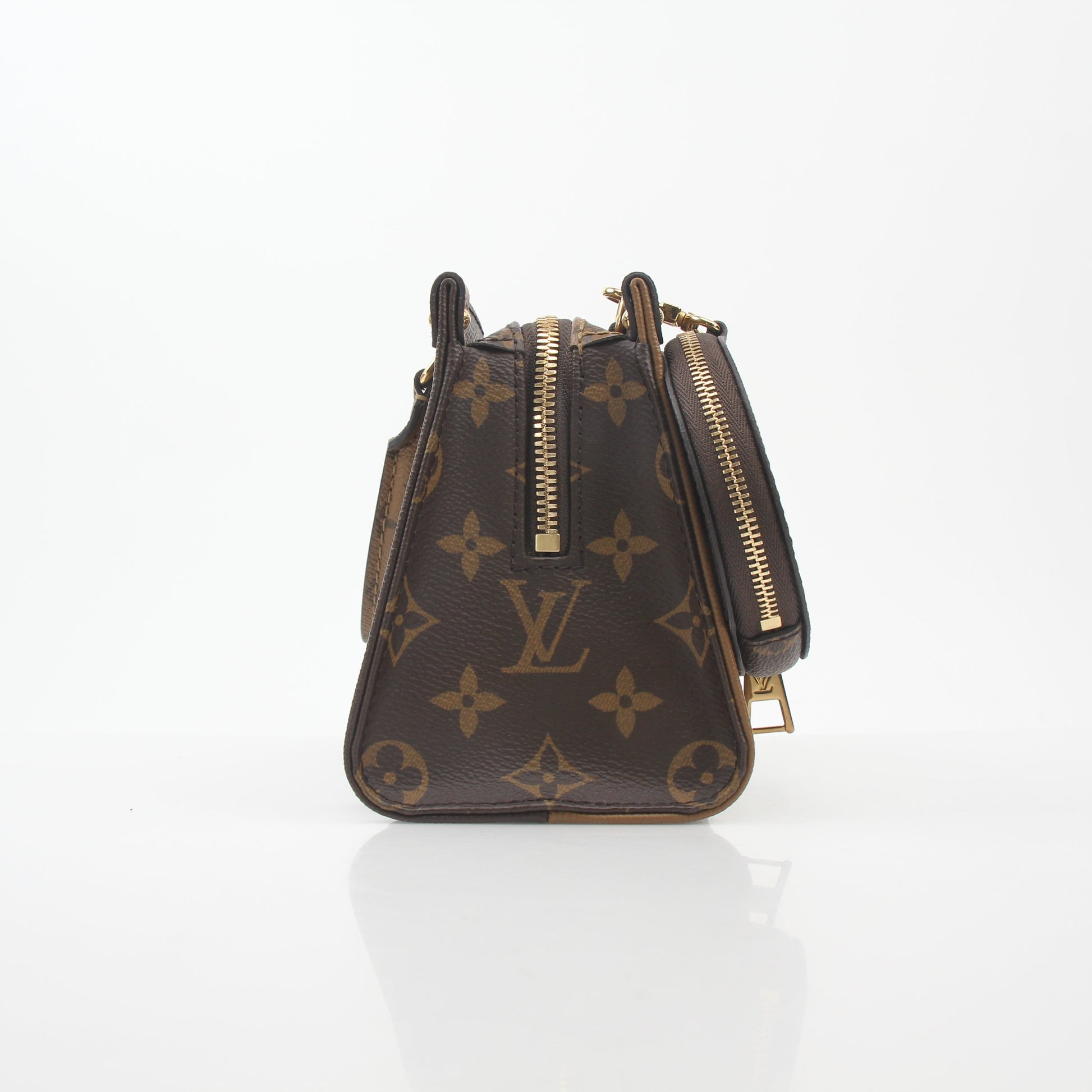 Louis Vuitton Brown Monogram OnTheGo East West handbag with gold accents, featuring leather handles and spacious interior.