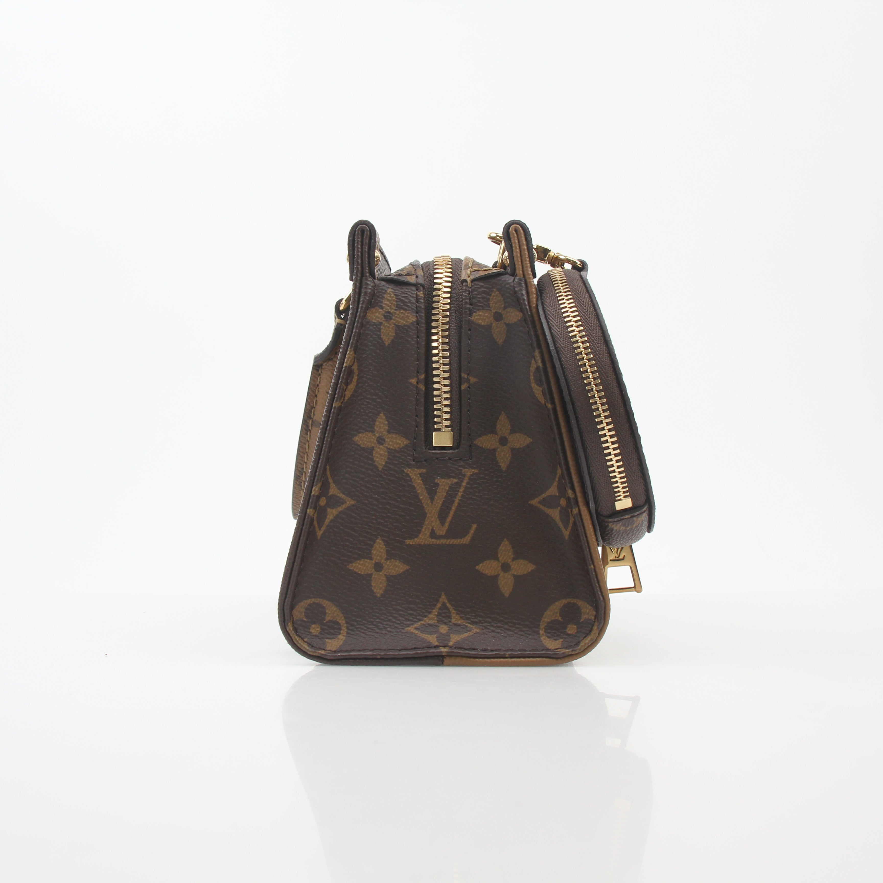 Louis Vuitton Brown Monogram OnTheGo East West handbag with gold accents, featuring leather handles and spacious interior.