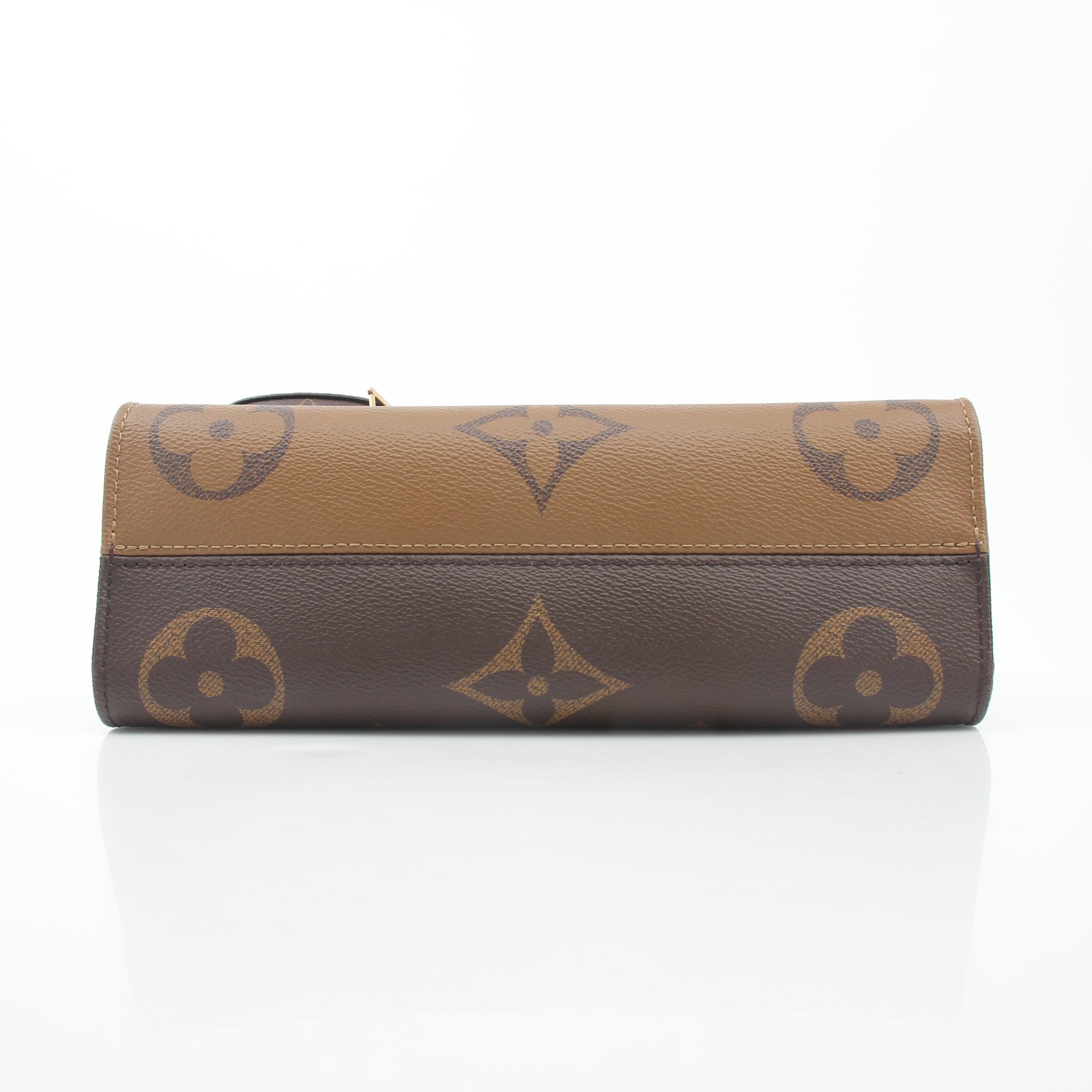 Louis Vuitton Brown Monogram OnTheGo East West handbag with gold accents, featuring dual top handles and a spacious interior.