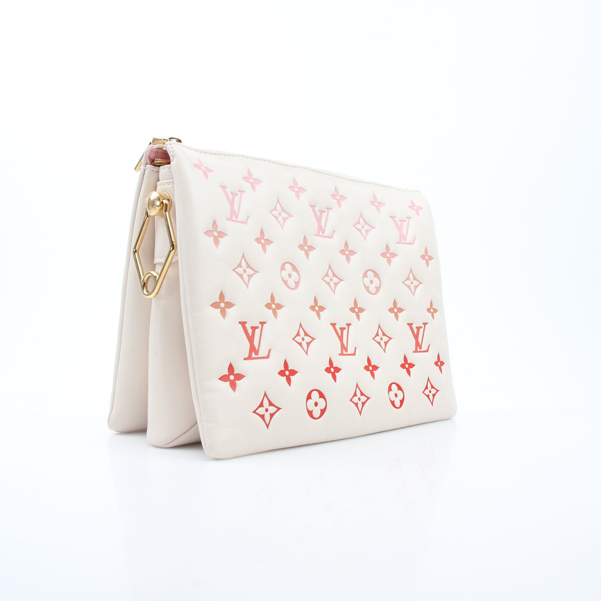 Pink Louis Vuitton Monogram Coussin Pochette handbag with gold chain from Gold & Beyond, showing the front view and signature design.