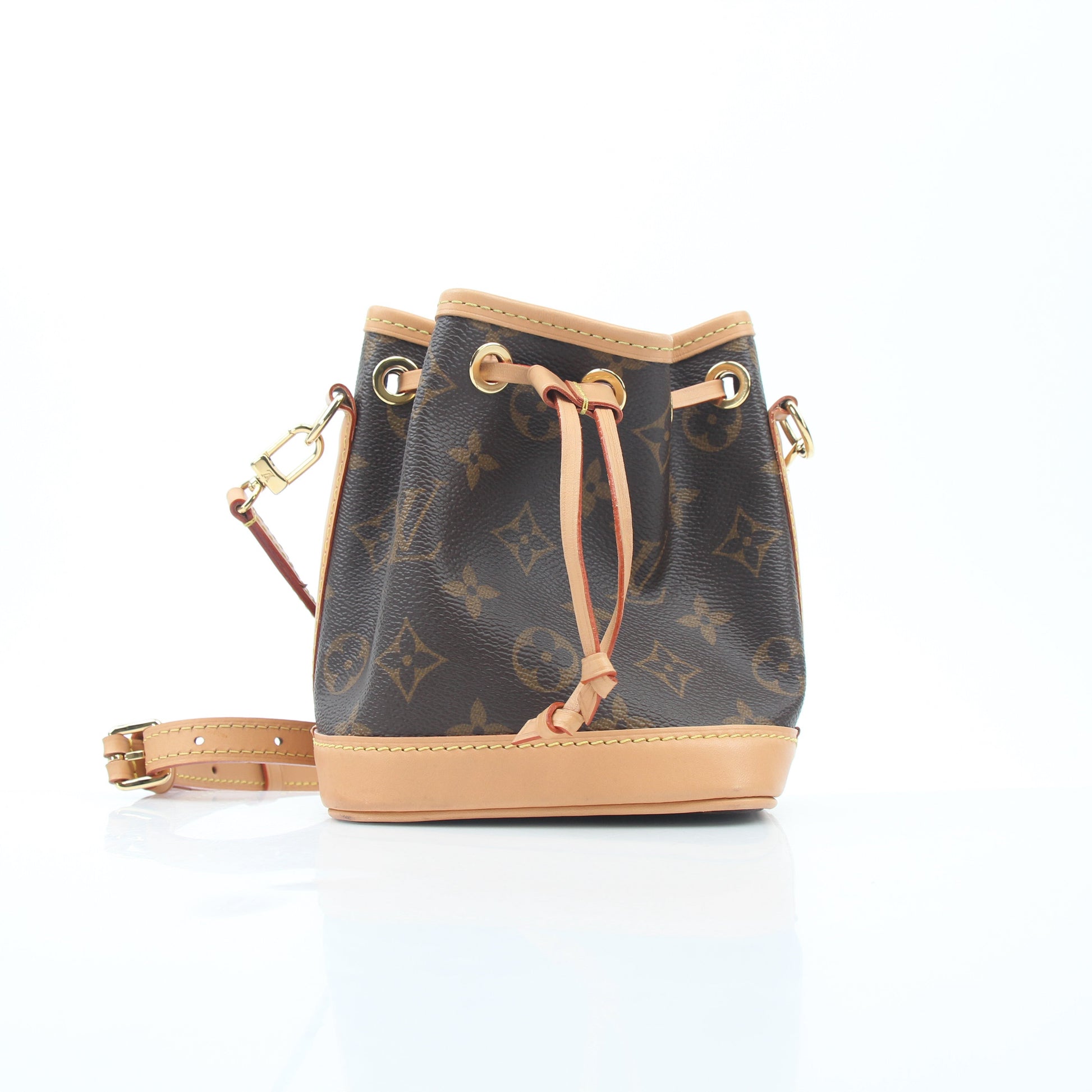 Louis Vuitton Monogram Nano Noé bucket handbag with gold-tone hardware and adjustable shoulder strap, featuring iconic monogram canvas.