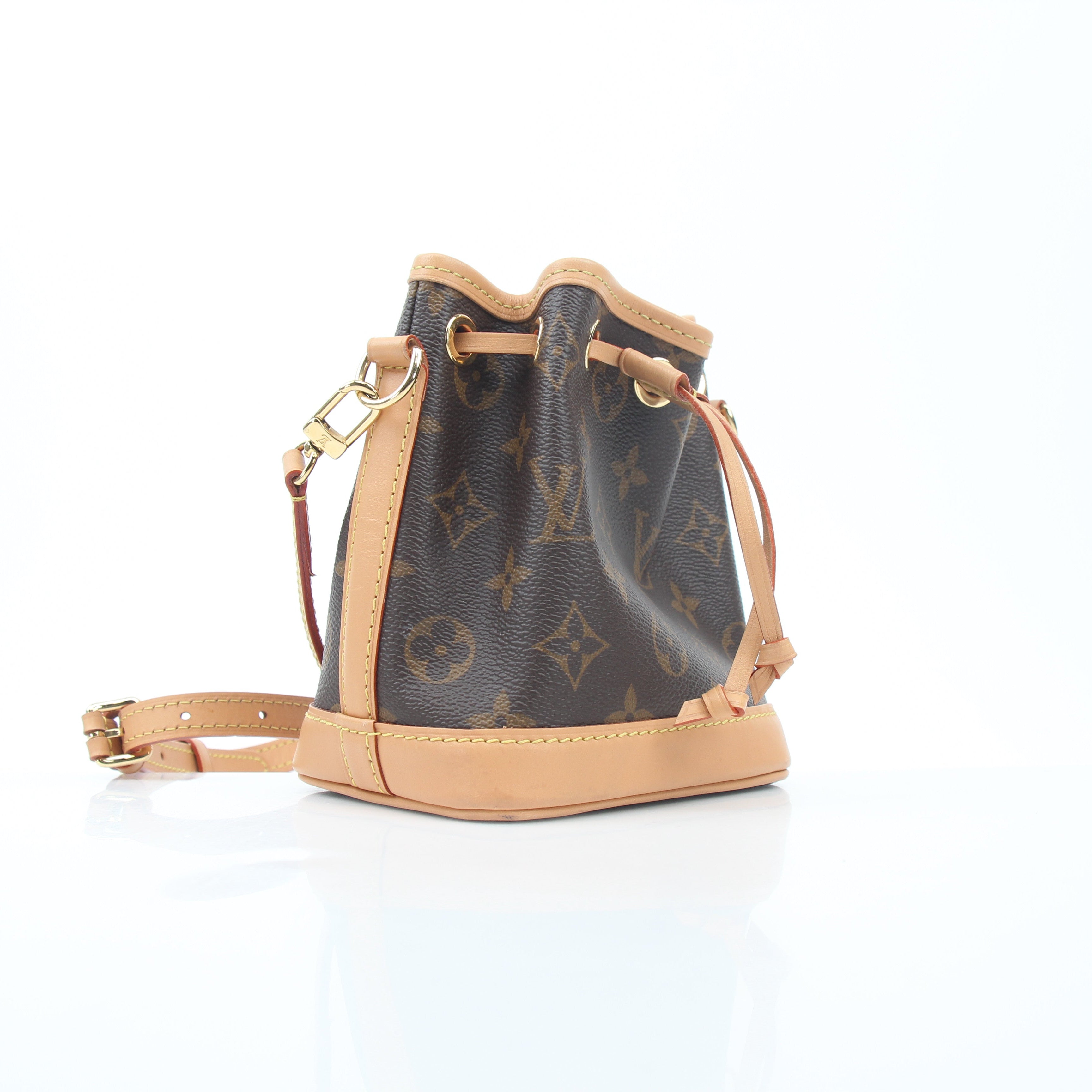 Louis Vuitton Monogram Nano Noé bucket handbag with leather drawstring and gold-tone hardware, shown in a close-up view.