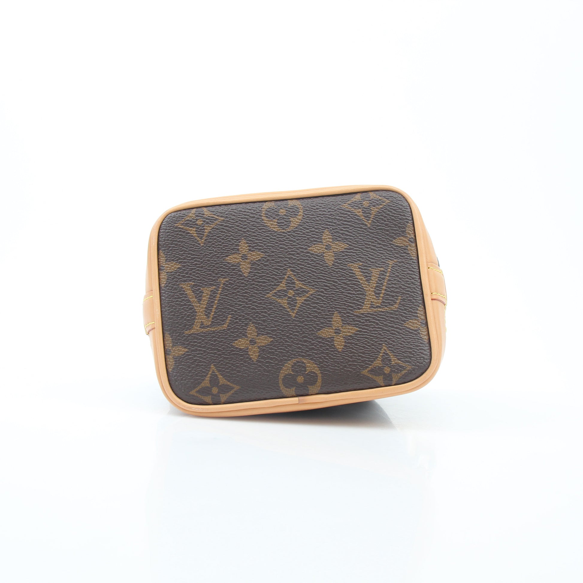 Louis Vuitton Monogram Nano Noé bucket handbag with gold accents, compact design, and leather drawstring closure.