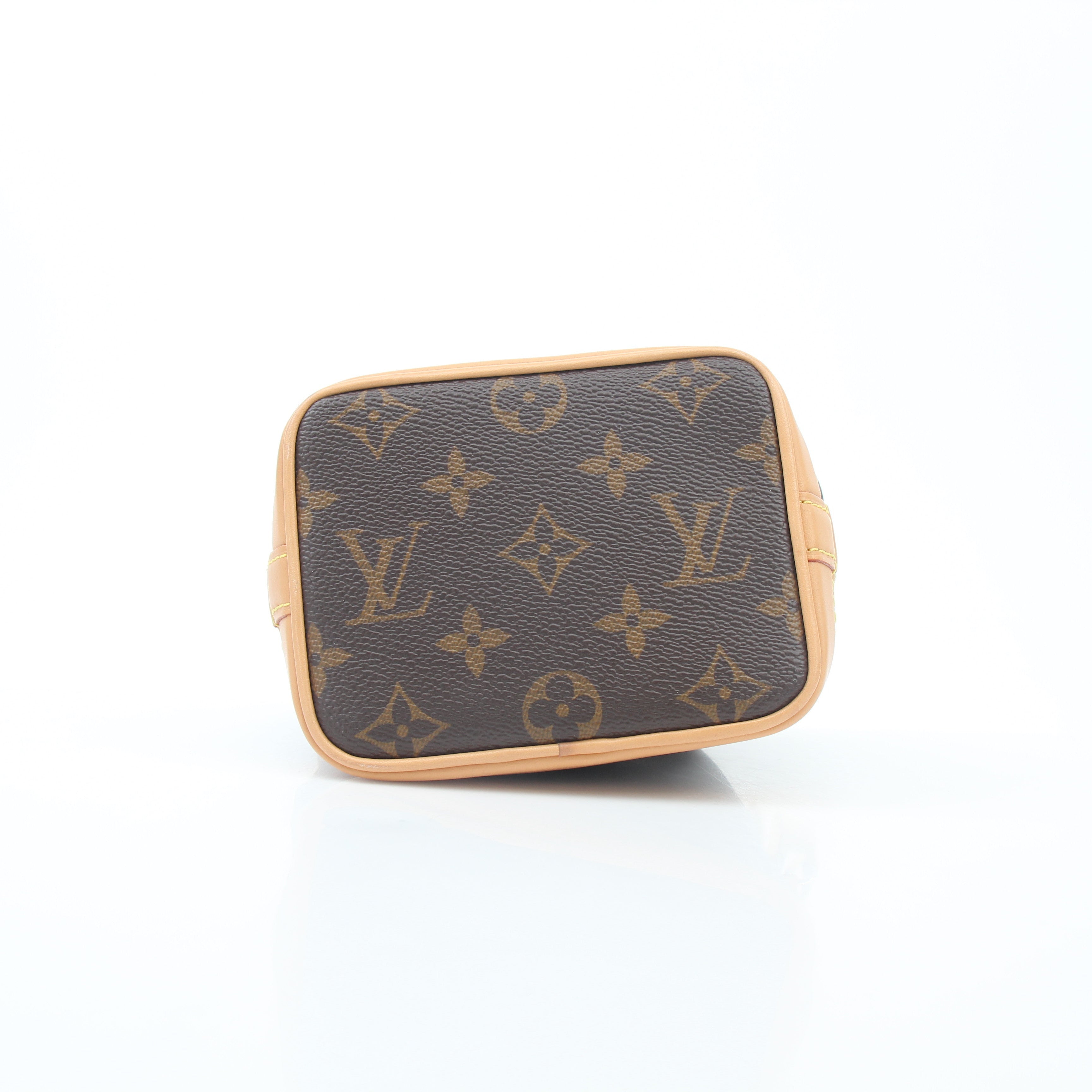 Louis Vuitton Monogram Nano Noé bucket handbag with gold accents, compact design, and leather drawstring closure.