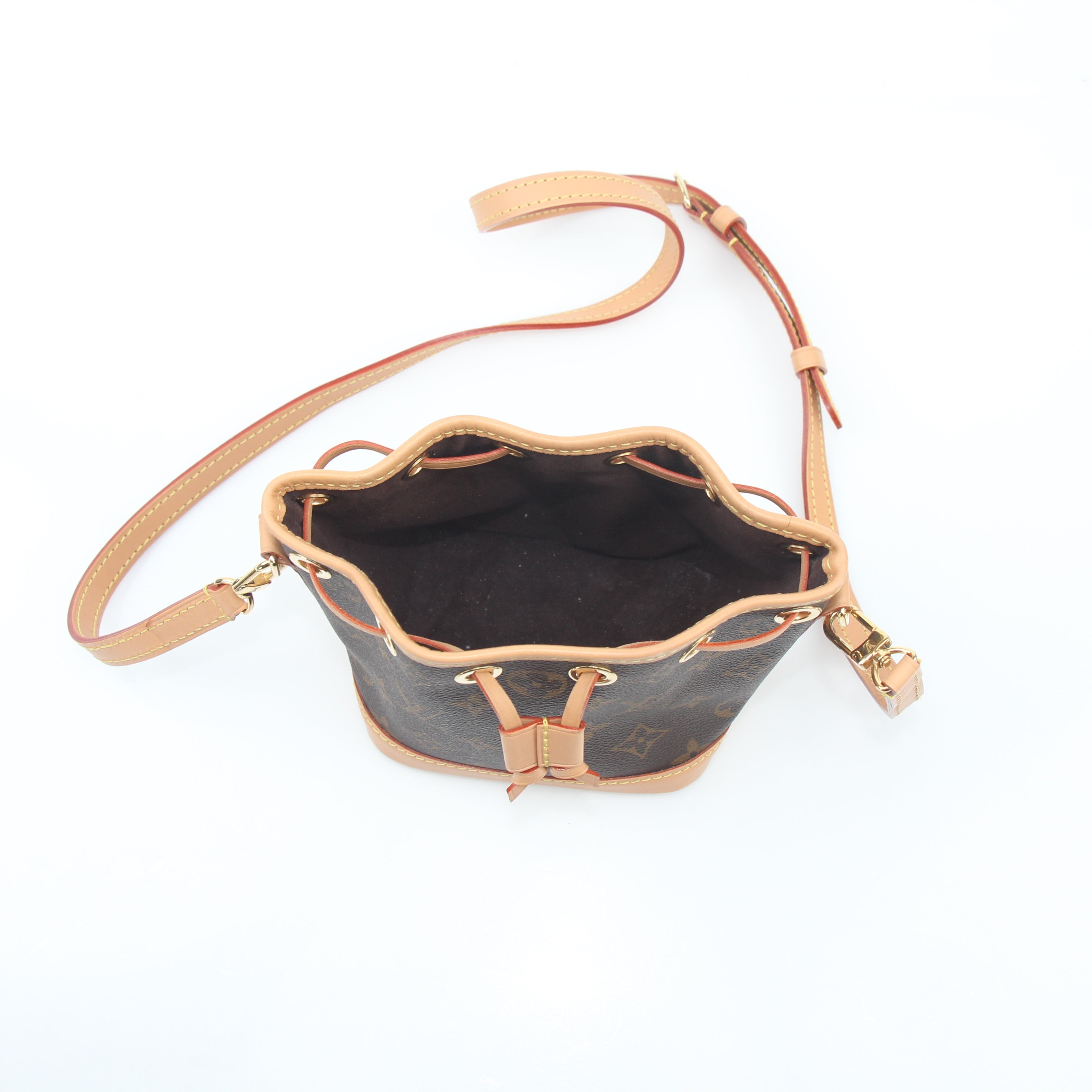 Louis Vuitton Monogram Nano Noé bucket handbag with leather drawstring closure and gold-tone hardware, featuring classic monogram canvas.