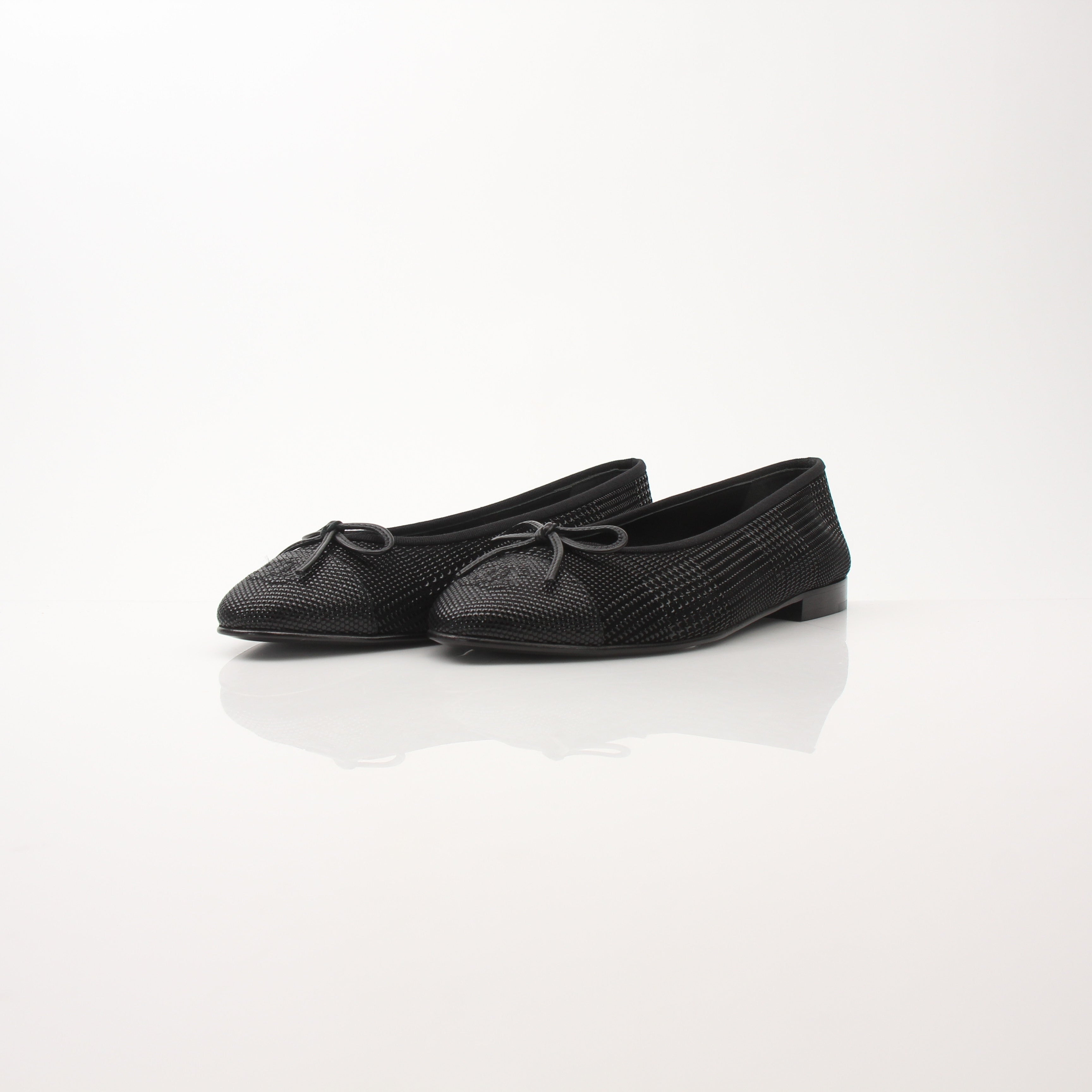 Chanel Women’s Black Textured Cap Toe Bow Ballet Flats