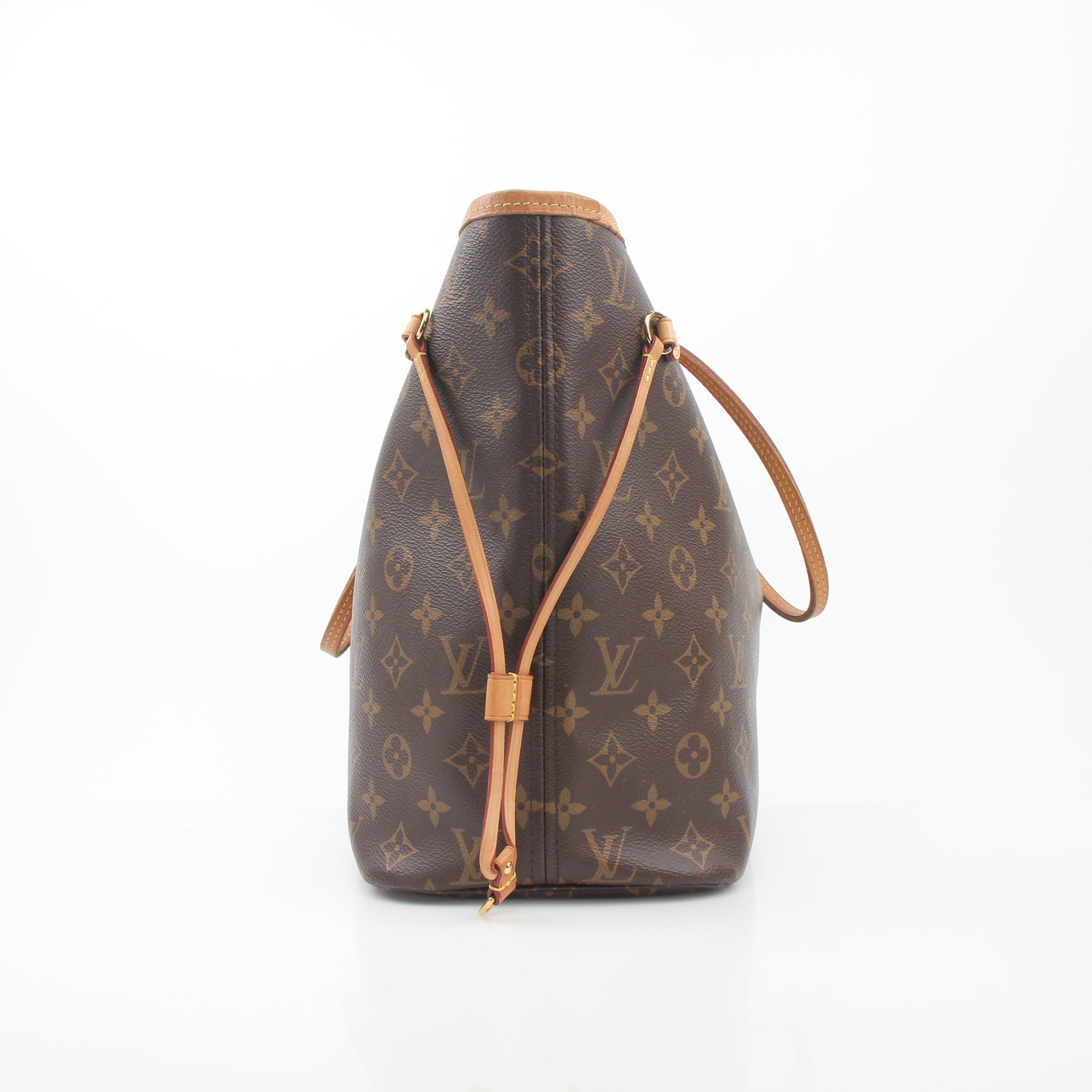 Louis Vuitton Monogram Neverfull MM tote bag with leather handles and spacious interior, displayed on a neutral background.