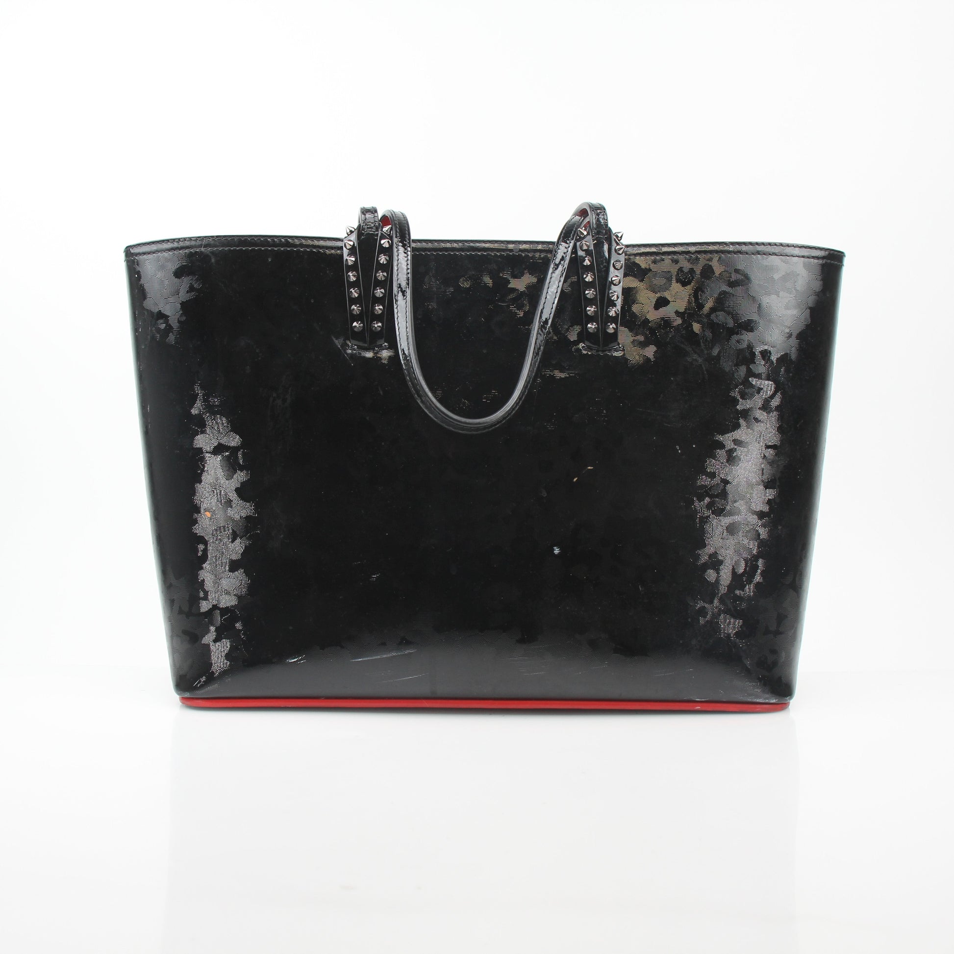 Christian Louboutin black patent leopard print Cabata tote handbag with gold accents, featuring a spacious design and stylish handles.