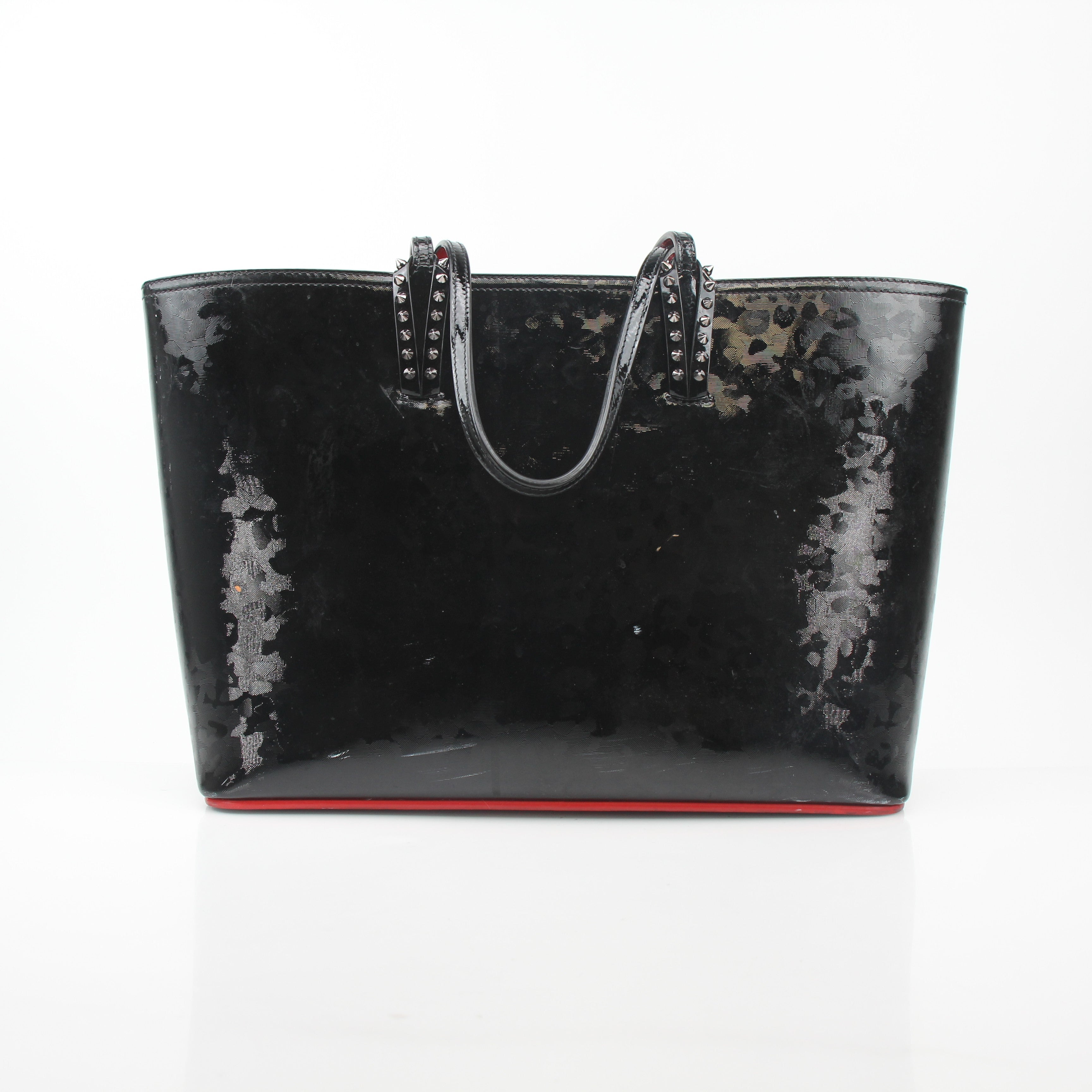 Christian Louboutin black patent leopard print Cabata tote handbag with gold accents, featuring a spacious design and stylish handles.