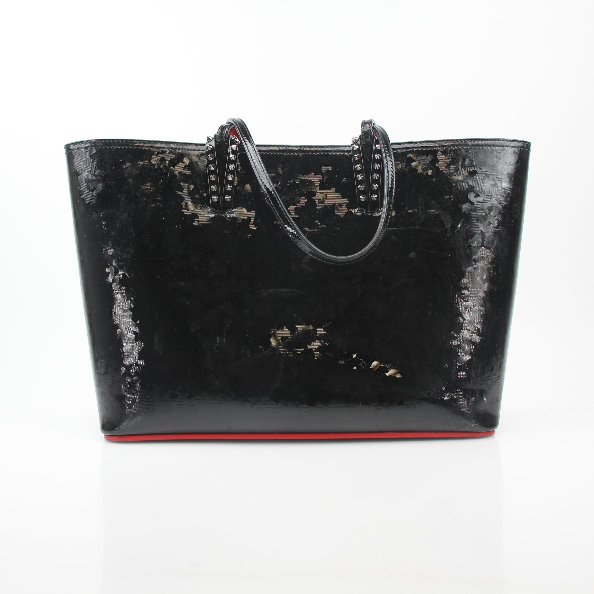 Christian Louboutin black patent leopard print Cabata tote handbag with gold accents, showcasing a stylish and spacious design.