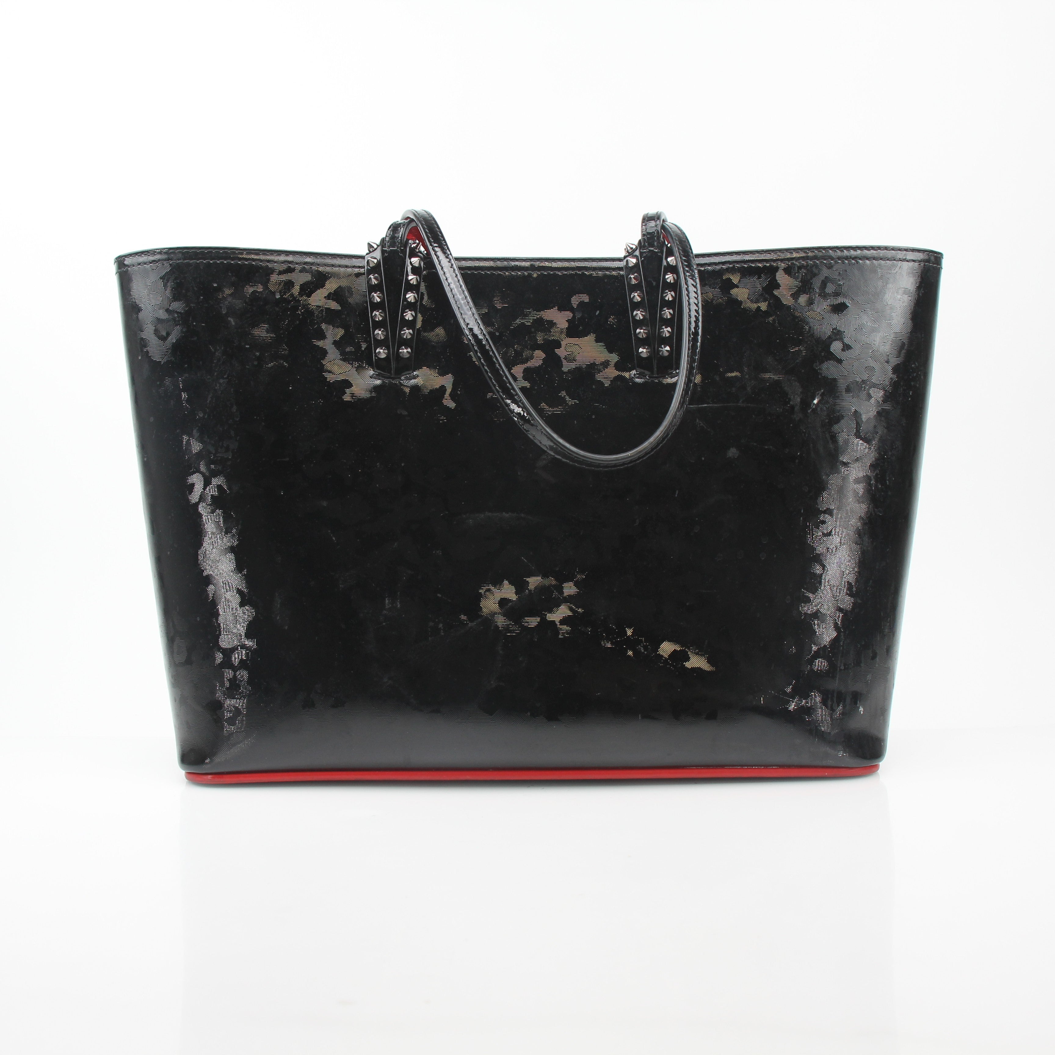 Christian Louboutin black patent leopard print Cabata tote handbag with gold accents, showcasing a stylish and spacious design.