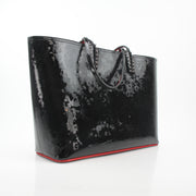 Christian Louboutin black patent leopard print Cabata tote handbag with gold accents, showcasing its luxurious design and spacious interior.
