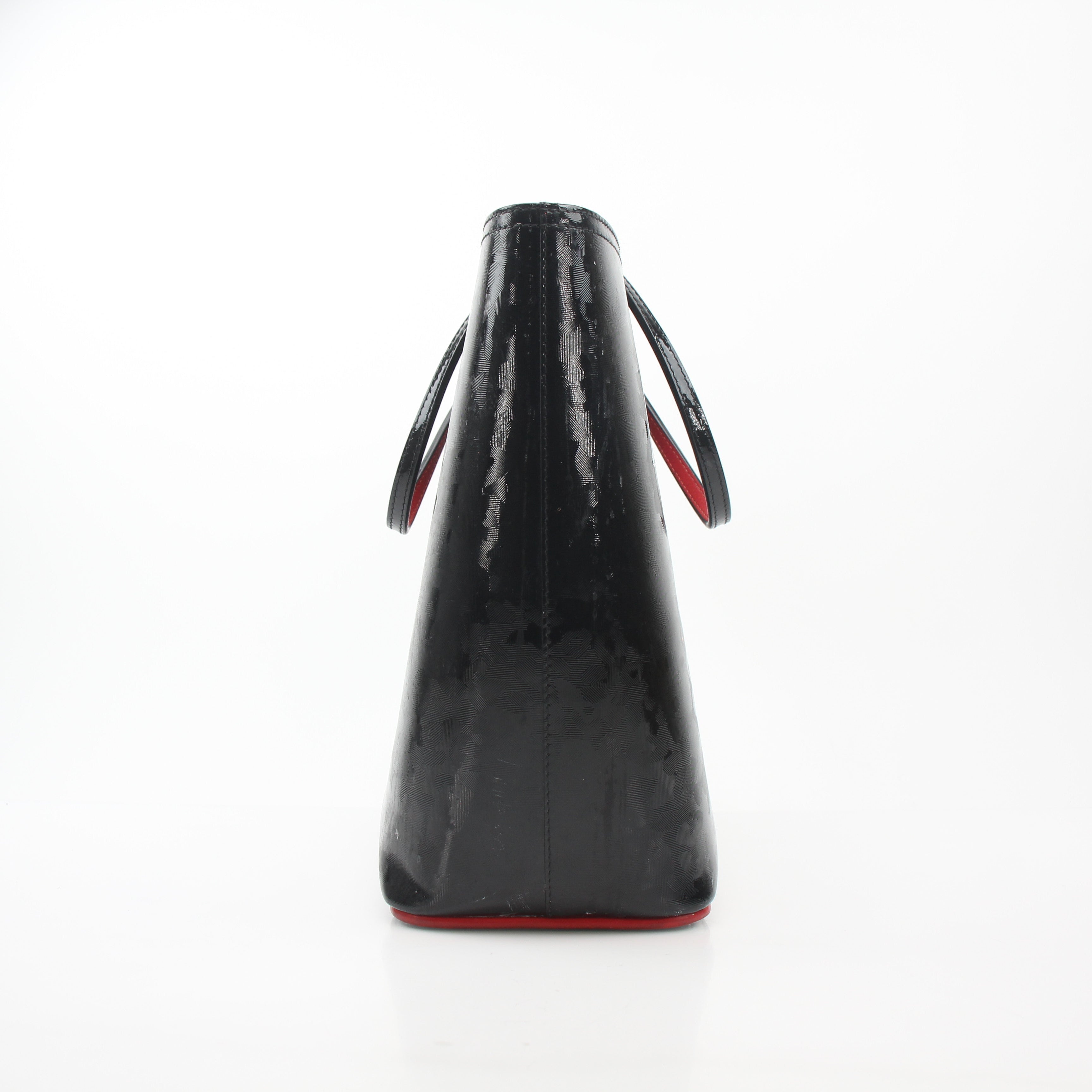 Christian Louboutin black patent leather leopard print Cabata tote handbag with gold accents and structured design.