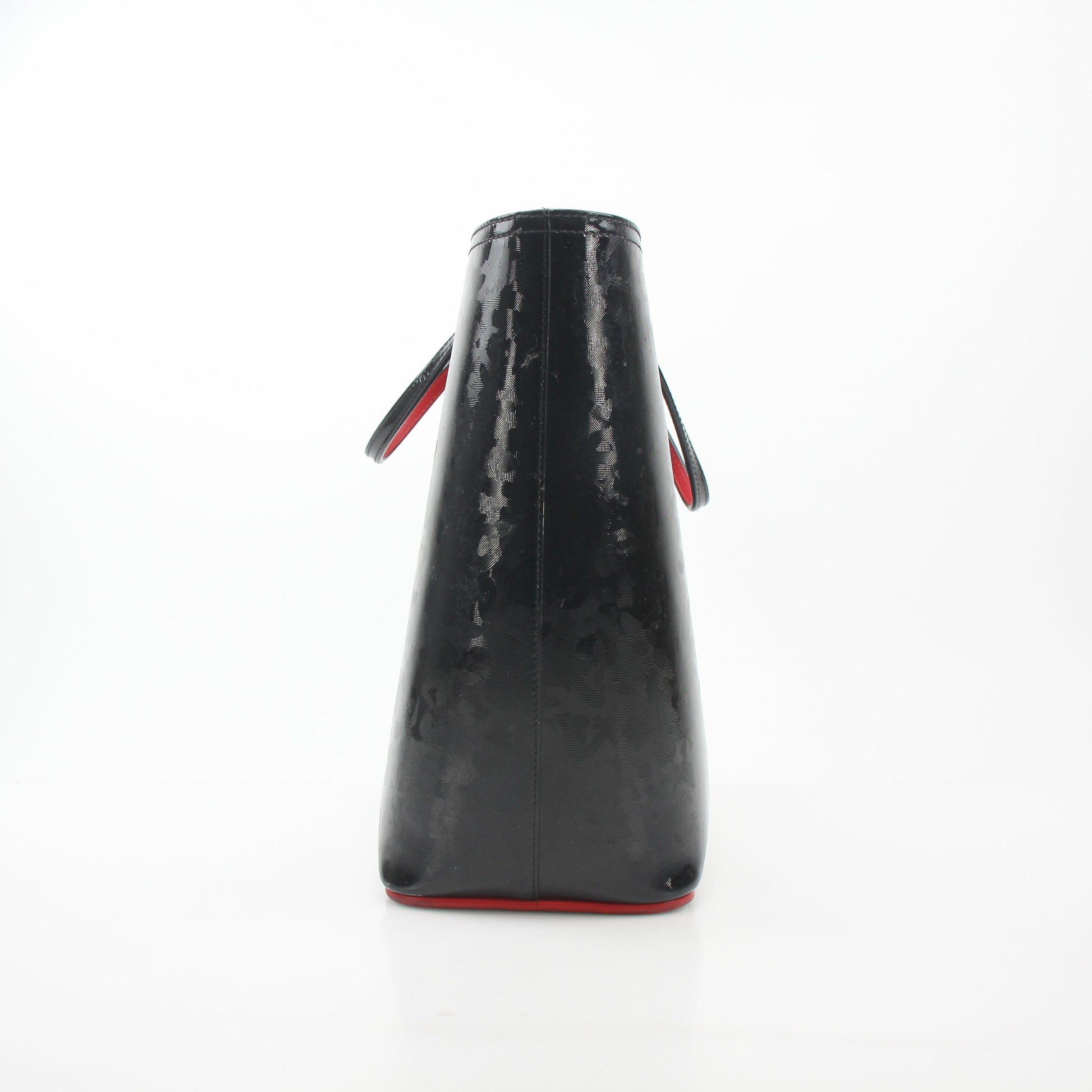 Christian Louboutin black patent leopard print Cabata tote handbag with gold accents and structured design.
