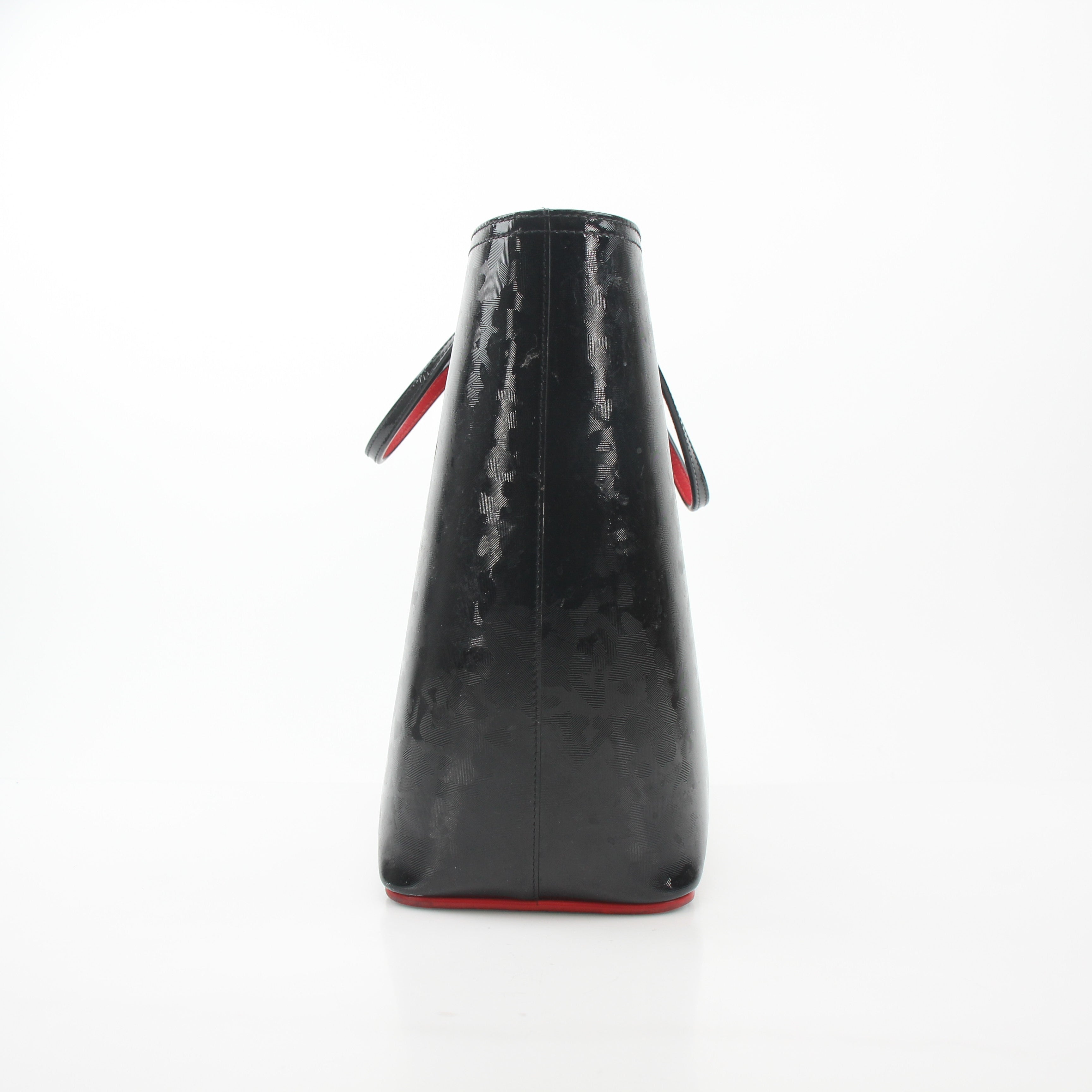 Christian Louboutin black patent leopard print Cabata tote handbag with gold accents and structured design.
